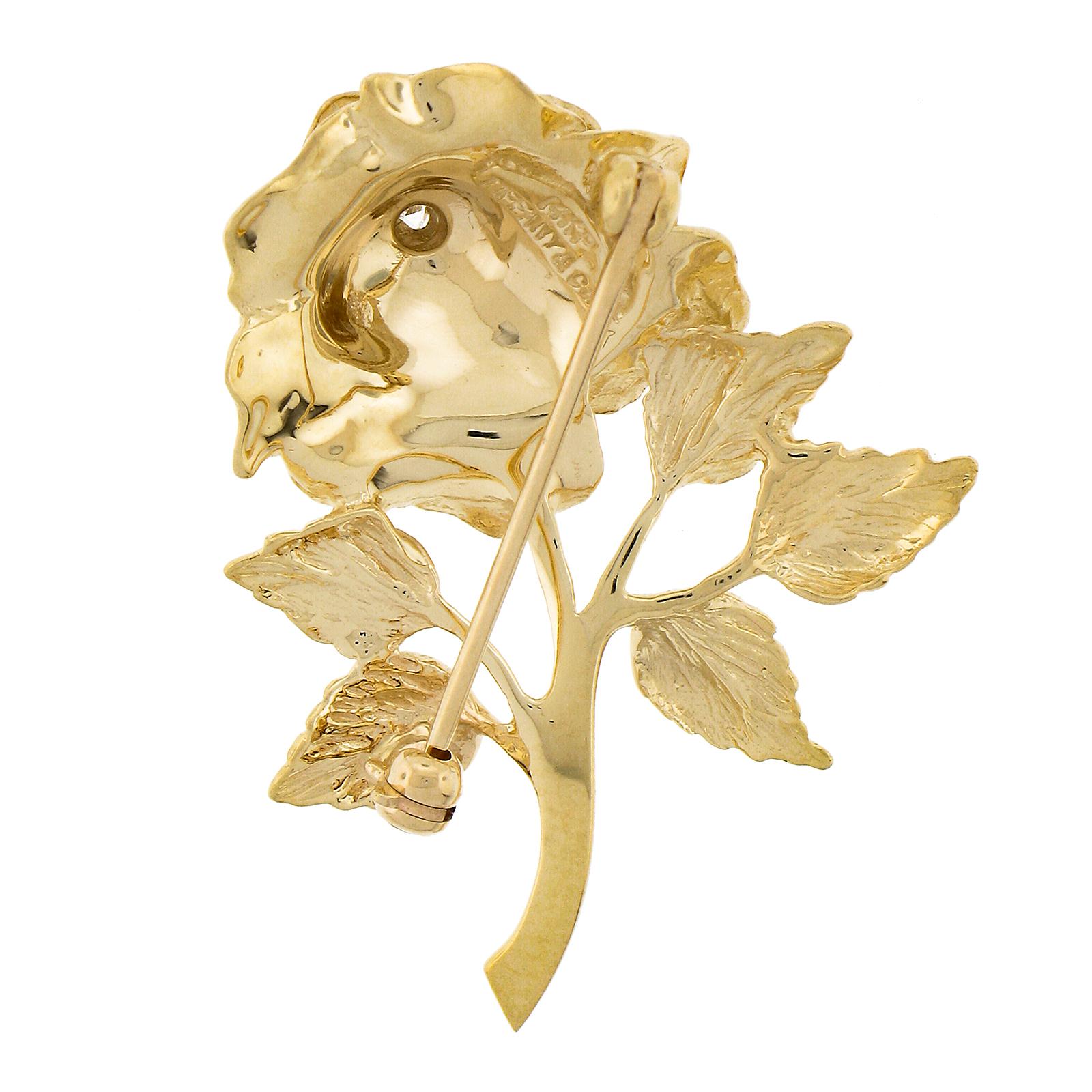 Tiffany & Co. 14K Yellow Gold 0.04ct Diamond 3D Detailed Rose Flower Pin Brooch In Excellent Condition For Sale In Montclair, NJ