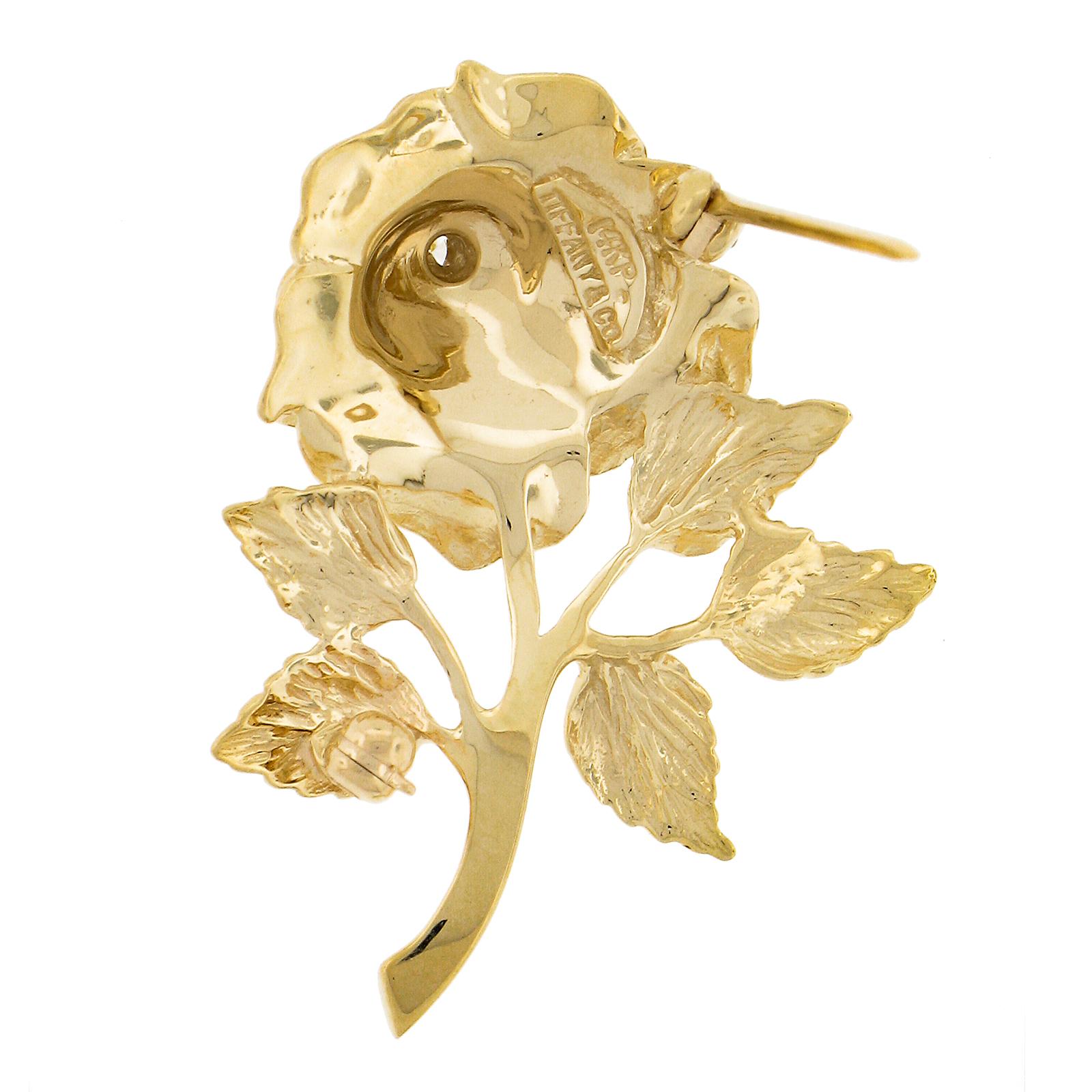 Women's or Men's Tiffany & Co. 14K Yellow Gold 0.04ct Diamond 3D Detailed Rose Flower Pin Brooch For Sale