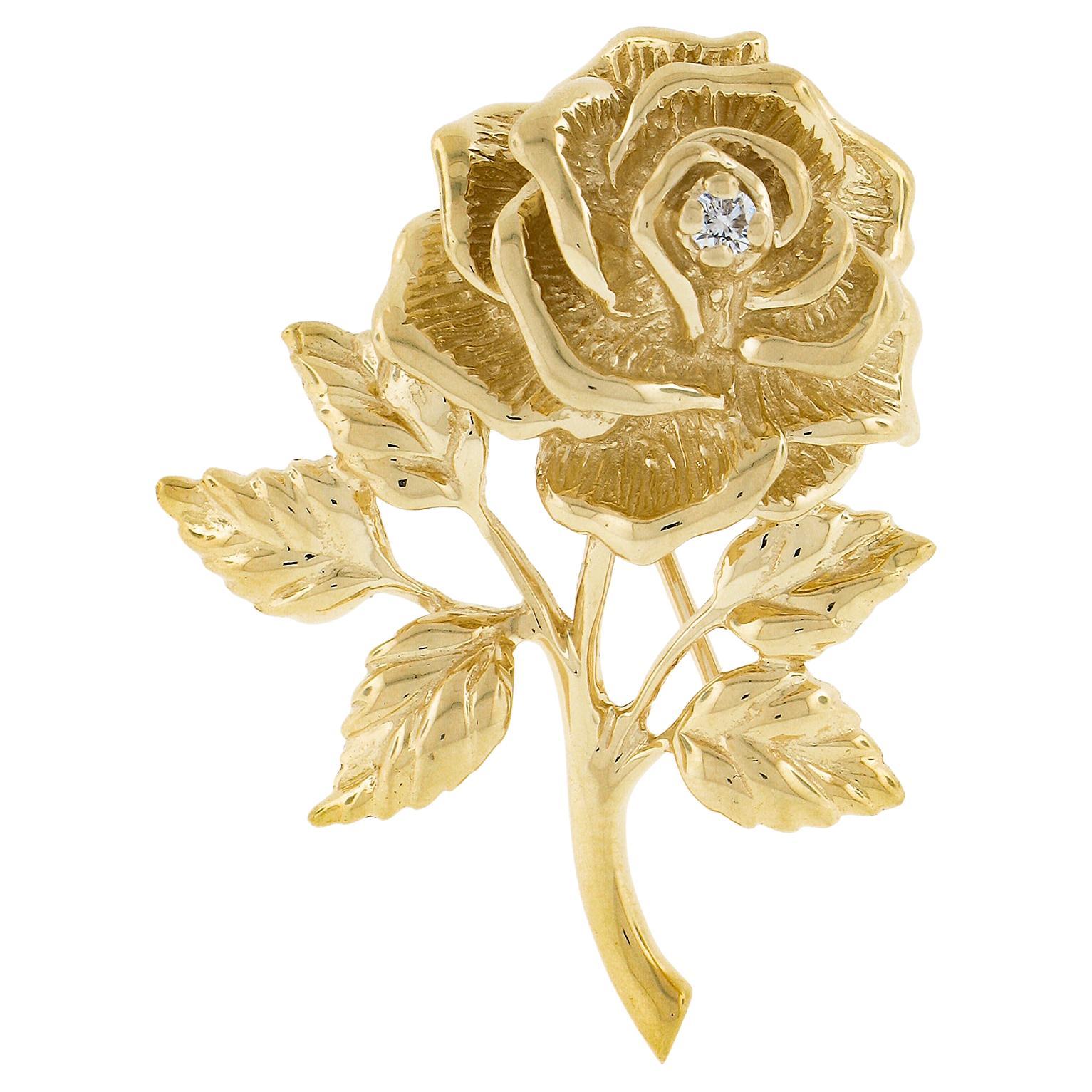 Tiffany & Co. 14K Yellow Gold 0.04ct Diamond 3D Detailed Rose Flower Pin Brooch For Sale