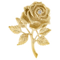 Retro Tiffany & Co. 14K Yellow Gold 0.04ct Diamond 3D Detailed Rose Flower Pin Brooch