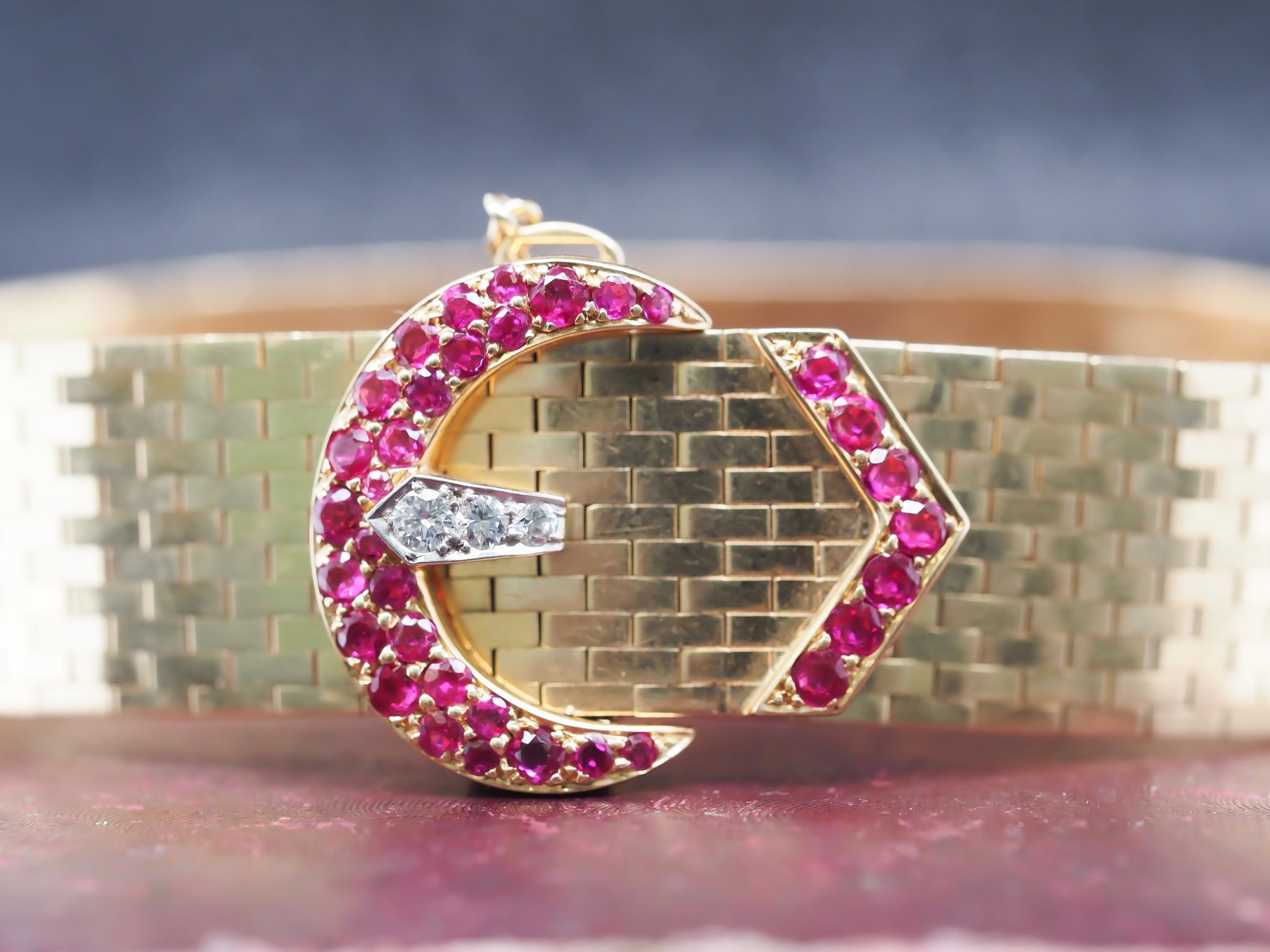 Tiffany & Co. 14K Yellow Gold and Platinum with Ruby and Diamond Buckle Bracelet For Sale 5