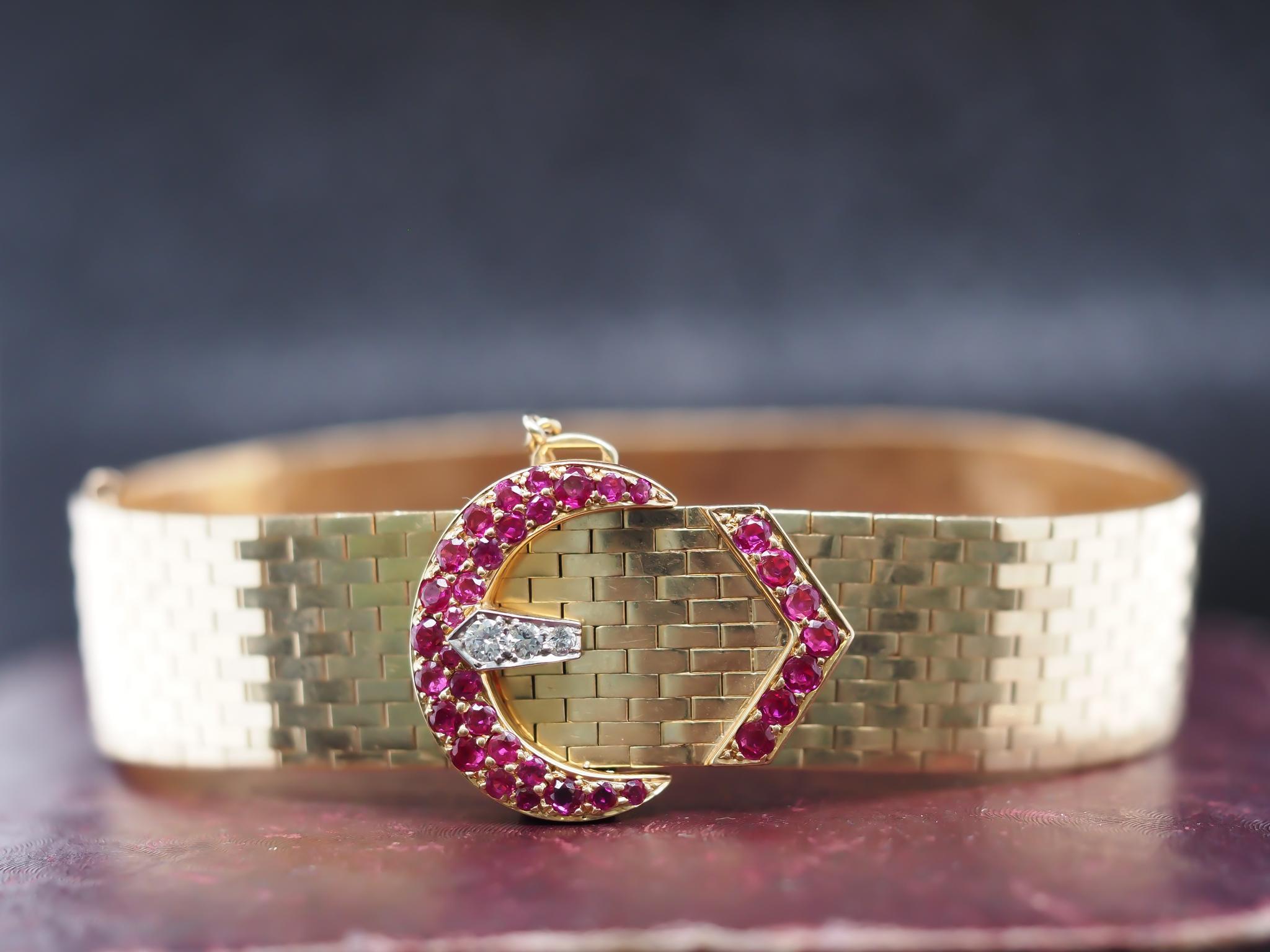 Year: 1940s

Maker: Tiffany & Co. (Hallmarked on buckle)

Item Details:
Metal Type: 14K Yellow Gold & Platinum [Hallmarked, and Tested]
Weight: 43.1 grams (All Items Total)

Ruby Details: Natural, Unheated, Burma, 1.75ct total weight.

Diamond