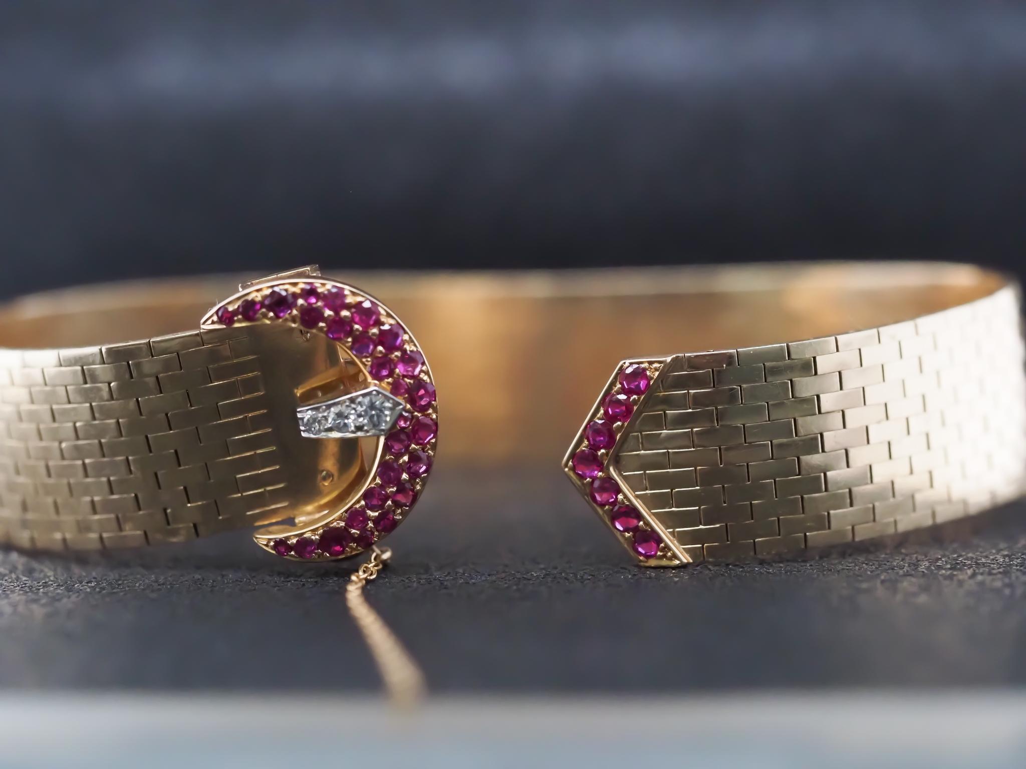 Round Cut Tiffany & Co. 14K Yellow Gold and Platinum with Ruby and Diamond Buckle Bracelet For Sale