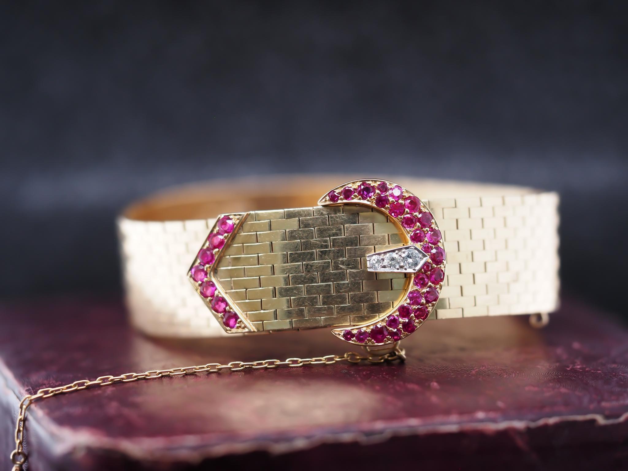 Women's Tiffany & Co. 14K Yellow Gold and Platinum with Ruby and Diamond Buckle Bracelet For Sale