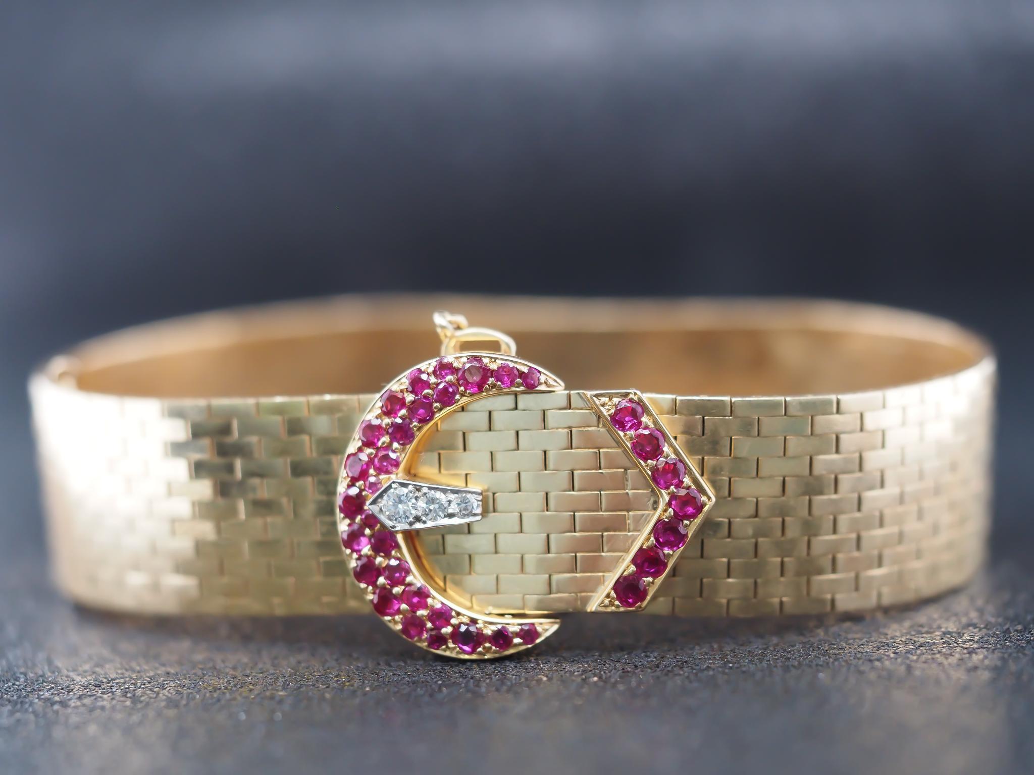 Tiffany & Co. Bracciale con Fibbia in Oro Giallo 14K e Platino con Rubino e Diamante