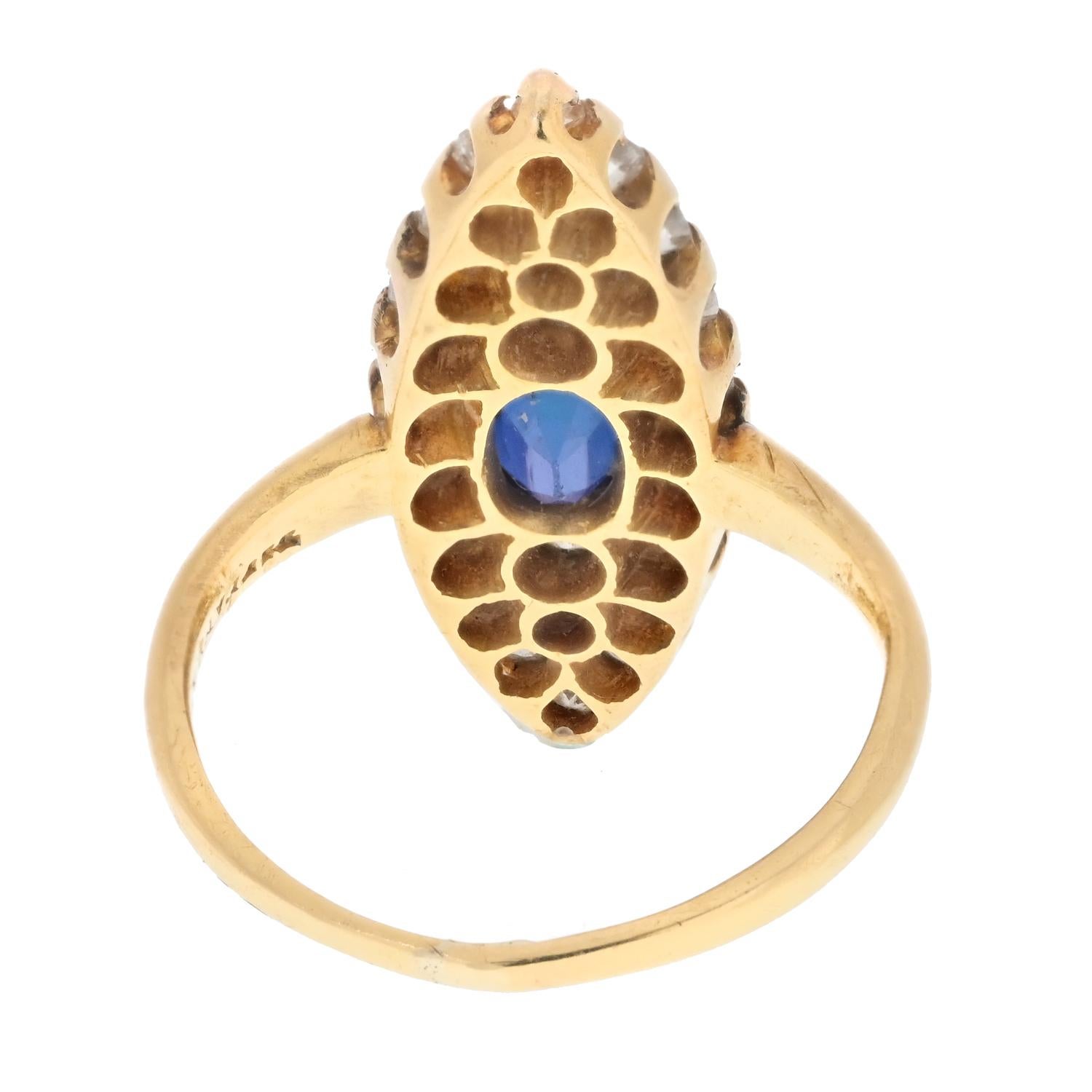 Art Deco Tiffany & Co. 14K Yellow Gold Burma Sapphire And Old Cut Diamond Navette Ring For Sale