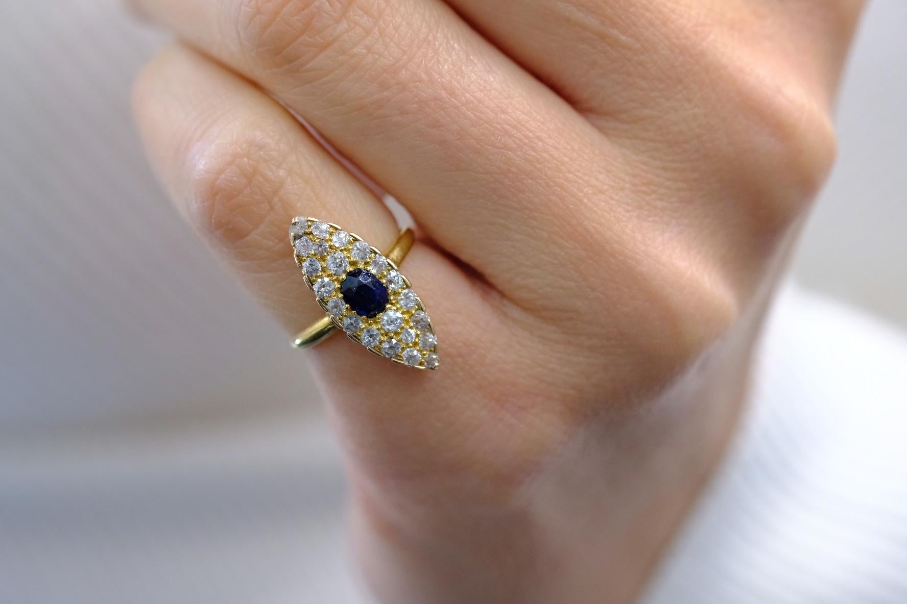 Tiffany & Co. 14K Yellow Gold Burma Sapphire And Old Cut Diamond Navette Ring In Excellent Condition For Sale In New York, NY
