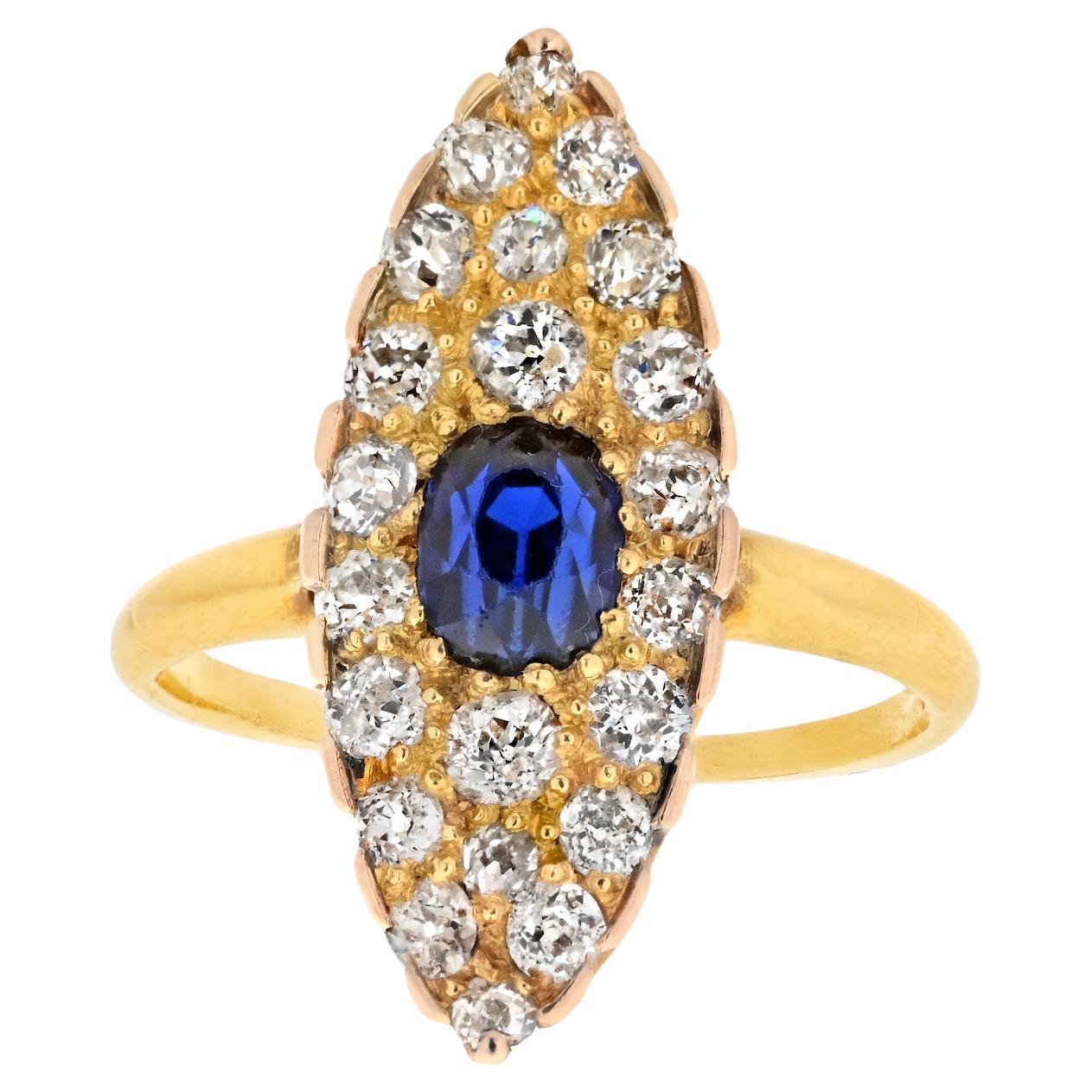 Tiffany & Co. 14K Yellow Gold Burma Sapphire And Old Cut Diamond Navette Ring For Sale