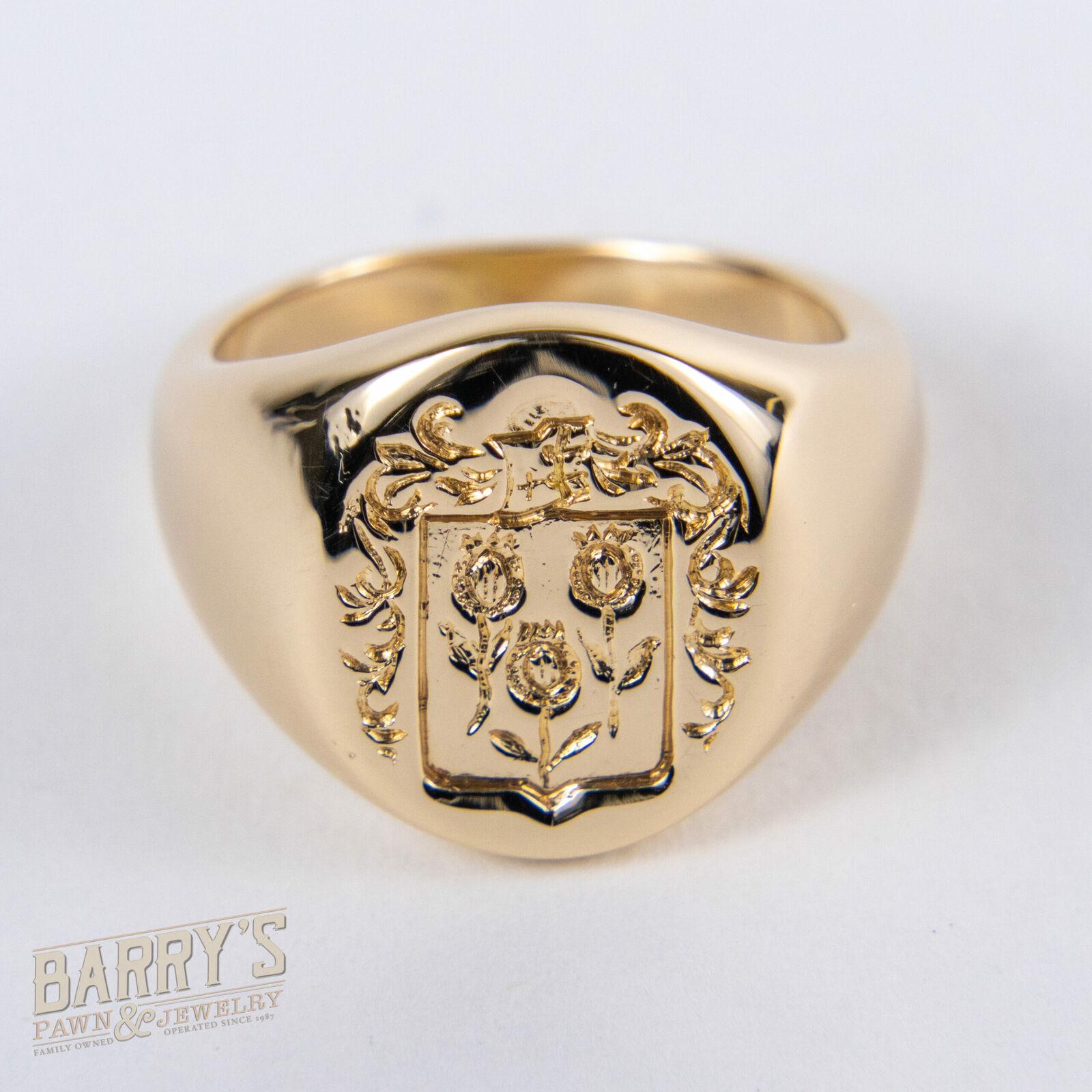 Tiffany & Co. 14k Yellow Gold Crest Signet Ring Roses Motif

Here is your chance to purchase a beautiful and highly collectible designer ring.  Truly a great piece at a great price!  The ring weighs 13.2 grams and is a size 6.5.  The design is from