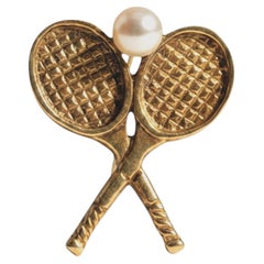 Tiffany & Co. 14K Yellow Gold Cultured Pearl Tennis Racket Brooch Pin