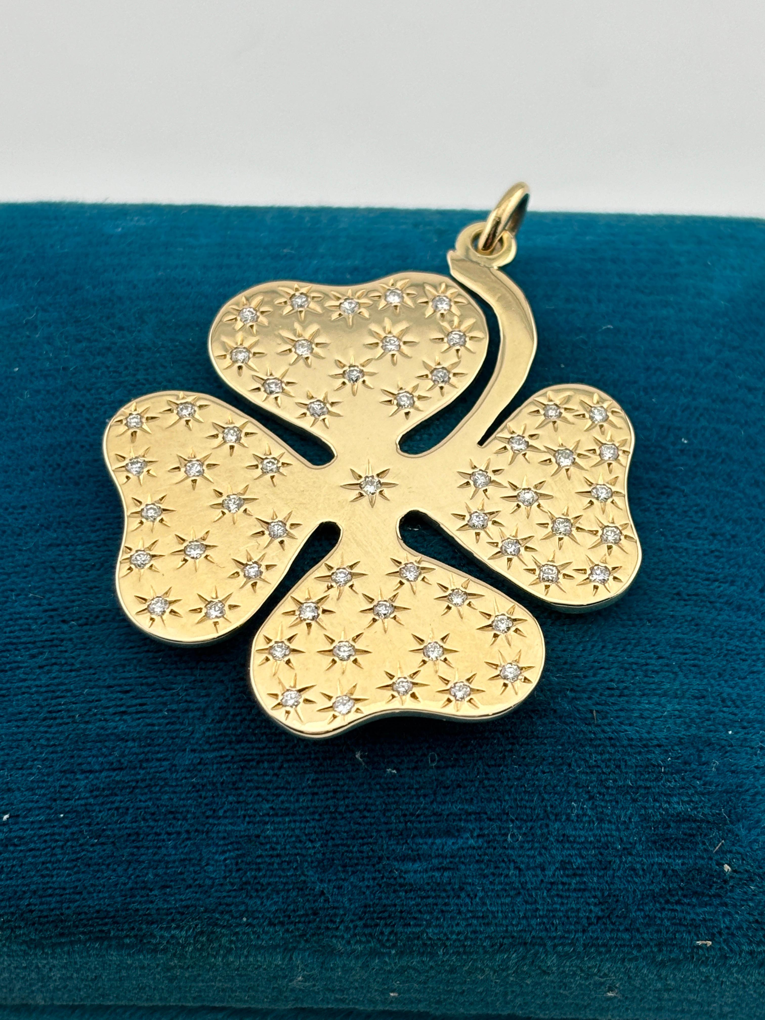 Brilliant Cut Tiffany & Co. 14k Yellow Gold Diamond 4 Leaf Clover Pendant