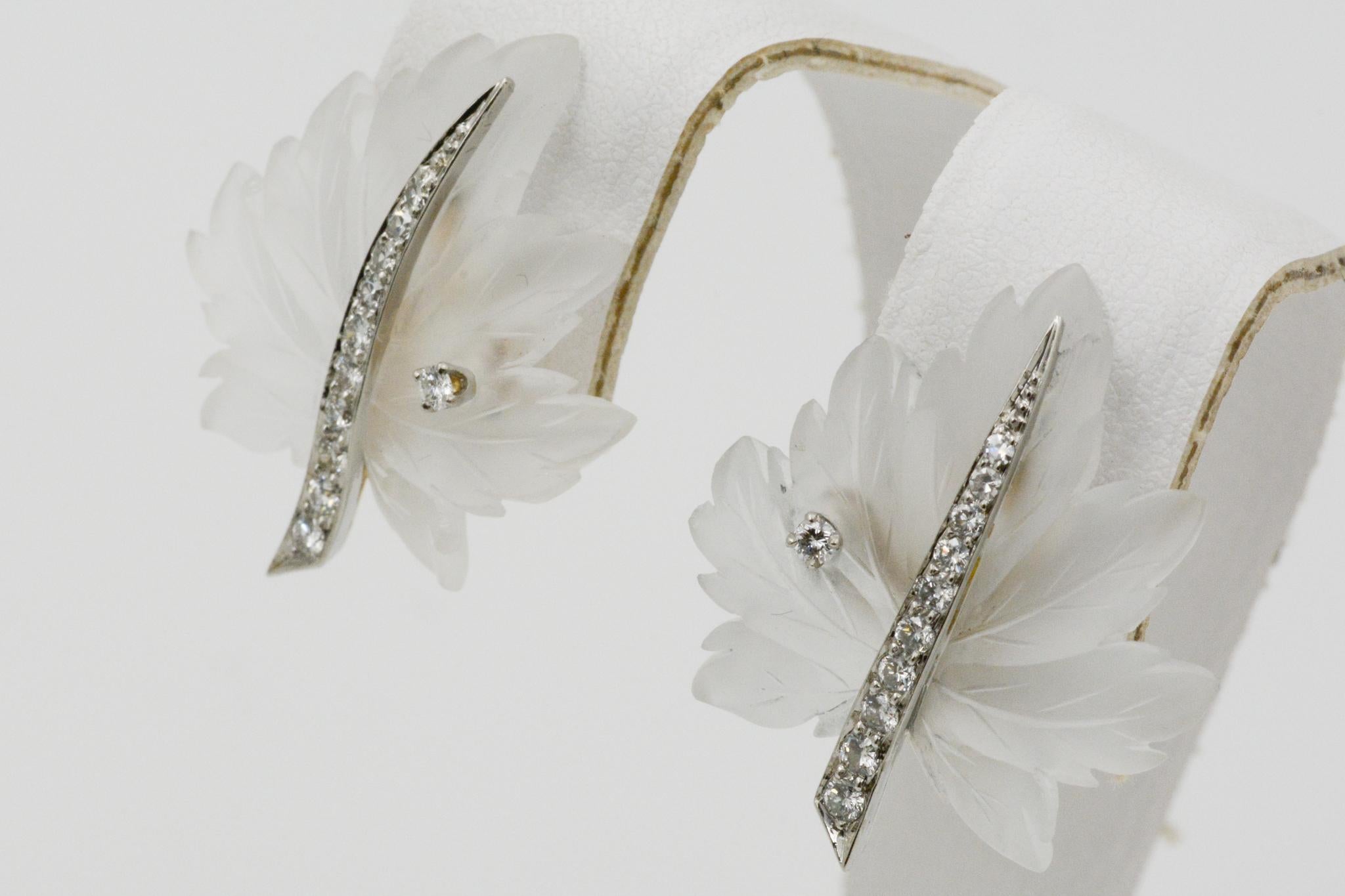 Round Cut Tiffany & Co. 14 Karat Yellow Gold Diamond and Rock Crystal Leaf Earrings