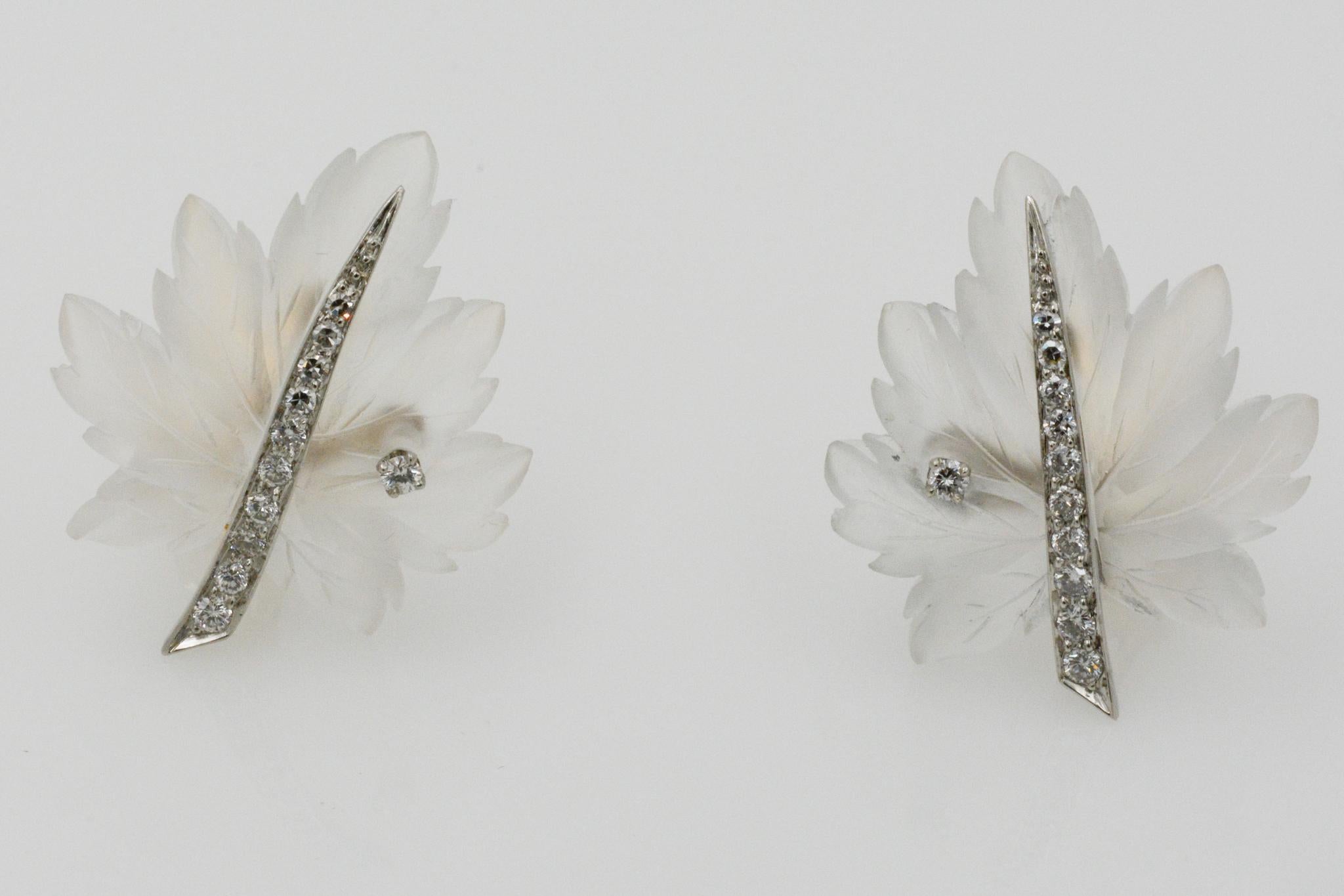 Tiffany & Co. 14 Karat Yellow Gold Diamond and Rock Crystal Leaf Earrings 1