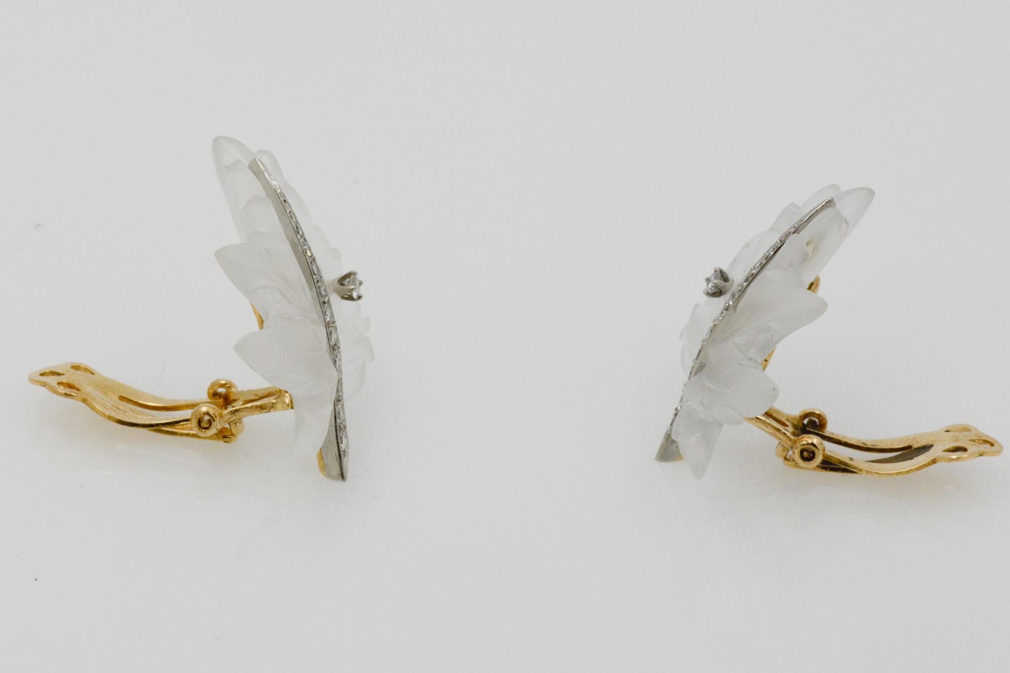 Tiffany & Co. 14 Karat Yellow Gold Diamond and Rock Crystal Leaf Earrings 2