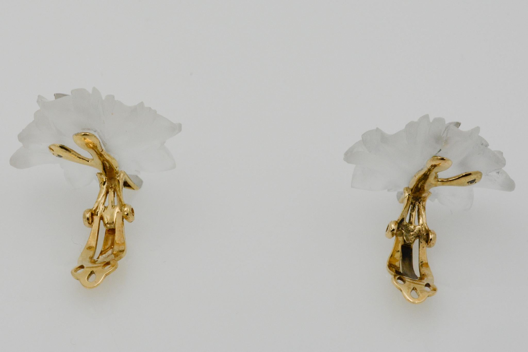 Tiffany & Co. 14 Karat Yellow Gold Diamond and Rock Crystal Leaf Earrings 3