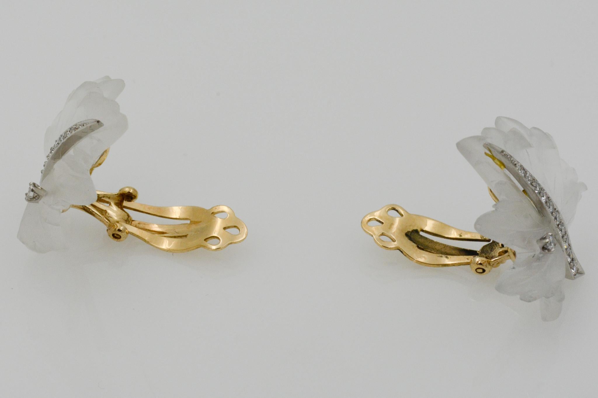 Tiffany & Co. 14 Karat Yellow Gold Diamond and Rock Crystal Leaf Earrings 4