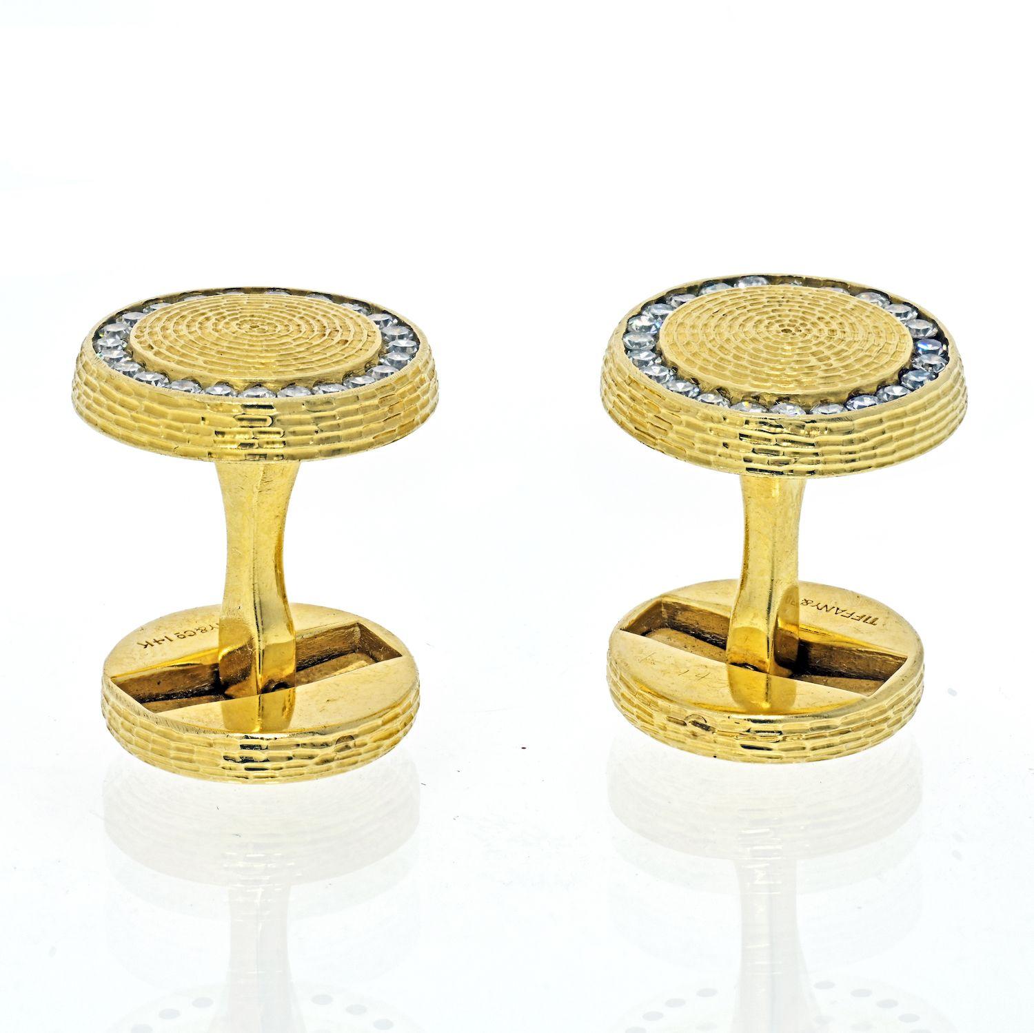 Moderne Tiffany & Co. Boutons de manchette en or jaune 14 carats avec cercles de diamants en vente