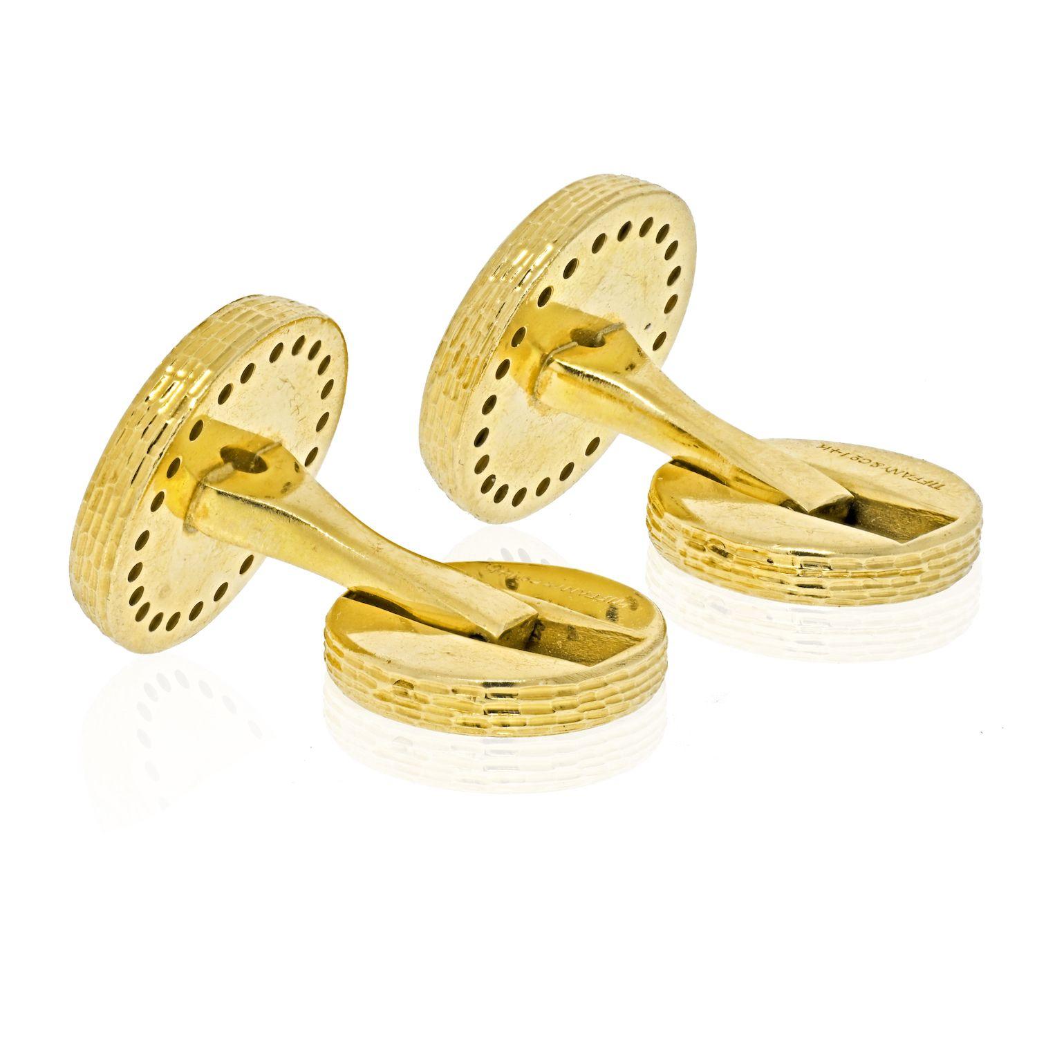 Tiffany & Co. Boutons de manchette en or jaune 14 carats avec cercles de diamants Excellent état - En vente à New York, NY