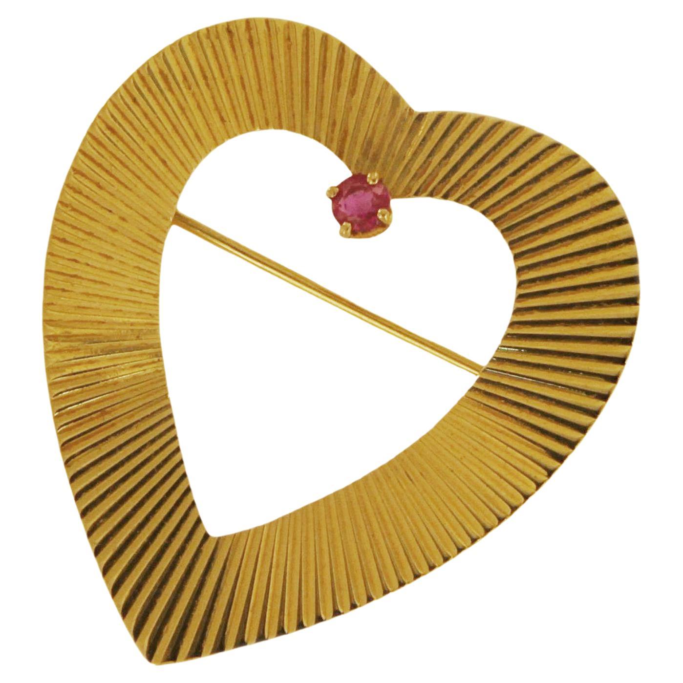 Tiffany & Co. 14k Yellow Gold Heart Pin Brooch with Ruby For Sale