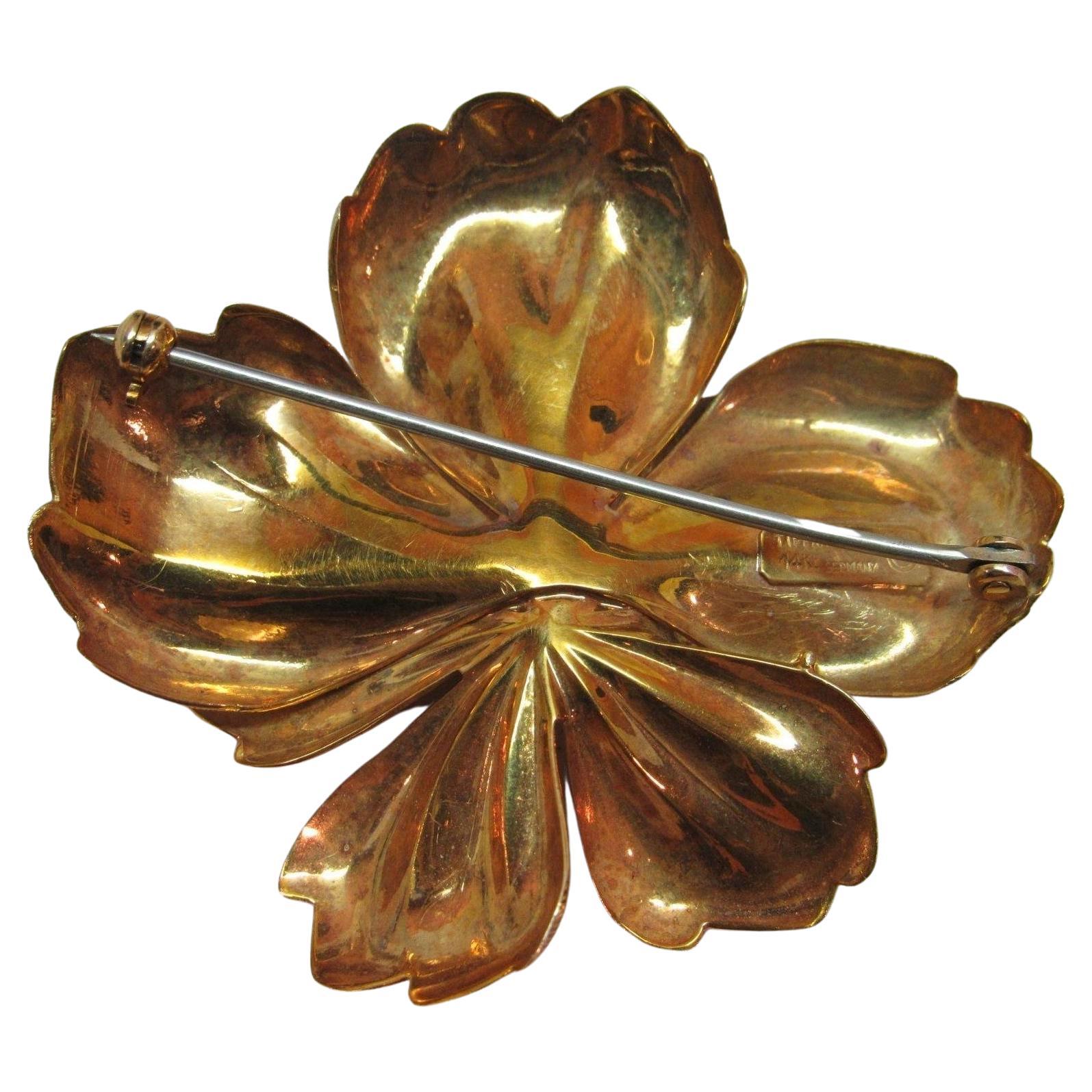 Contemporary Tiffany & Co. 14k Yellow Gold Orchid Flower Pin Brooch Vintage Circa 1960s