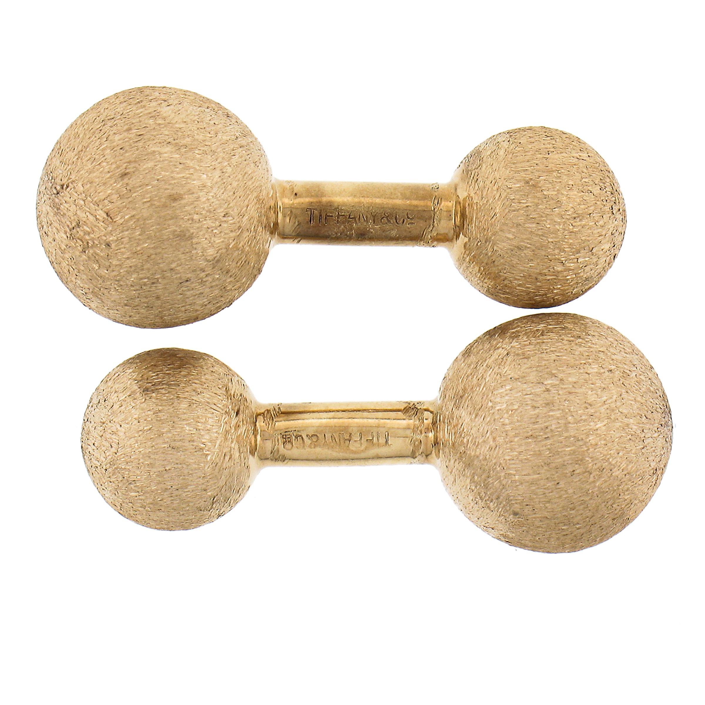 Tiffany & Co. 14k Yellow Gold Matte Stone Finish Ball Barbell Men's Cufflinks For Sale 3