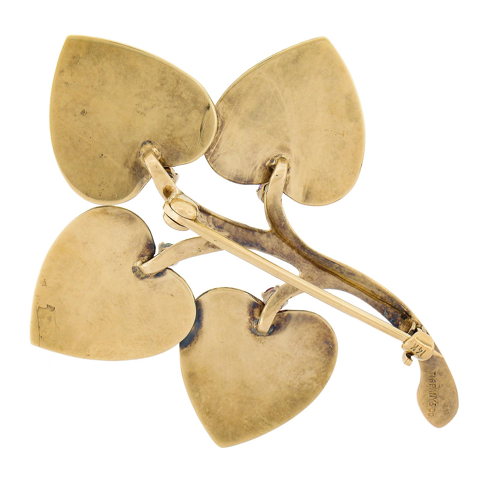 Round Cut Tiffany & Co. 14K Yellow Gold Mutli-Stones Fluted Spray Heart on Vine Pin Brooch For Sale