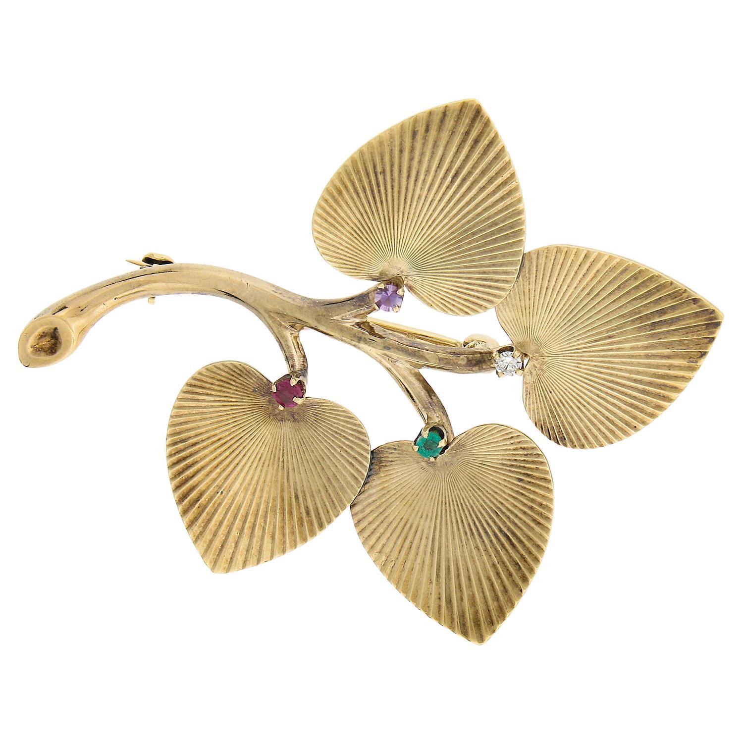 Tiffany & Co. 14K Yellow Gold Mutli-Stones Fluted Spray Heart on Vine Pin Brooch For Sale