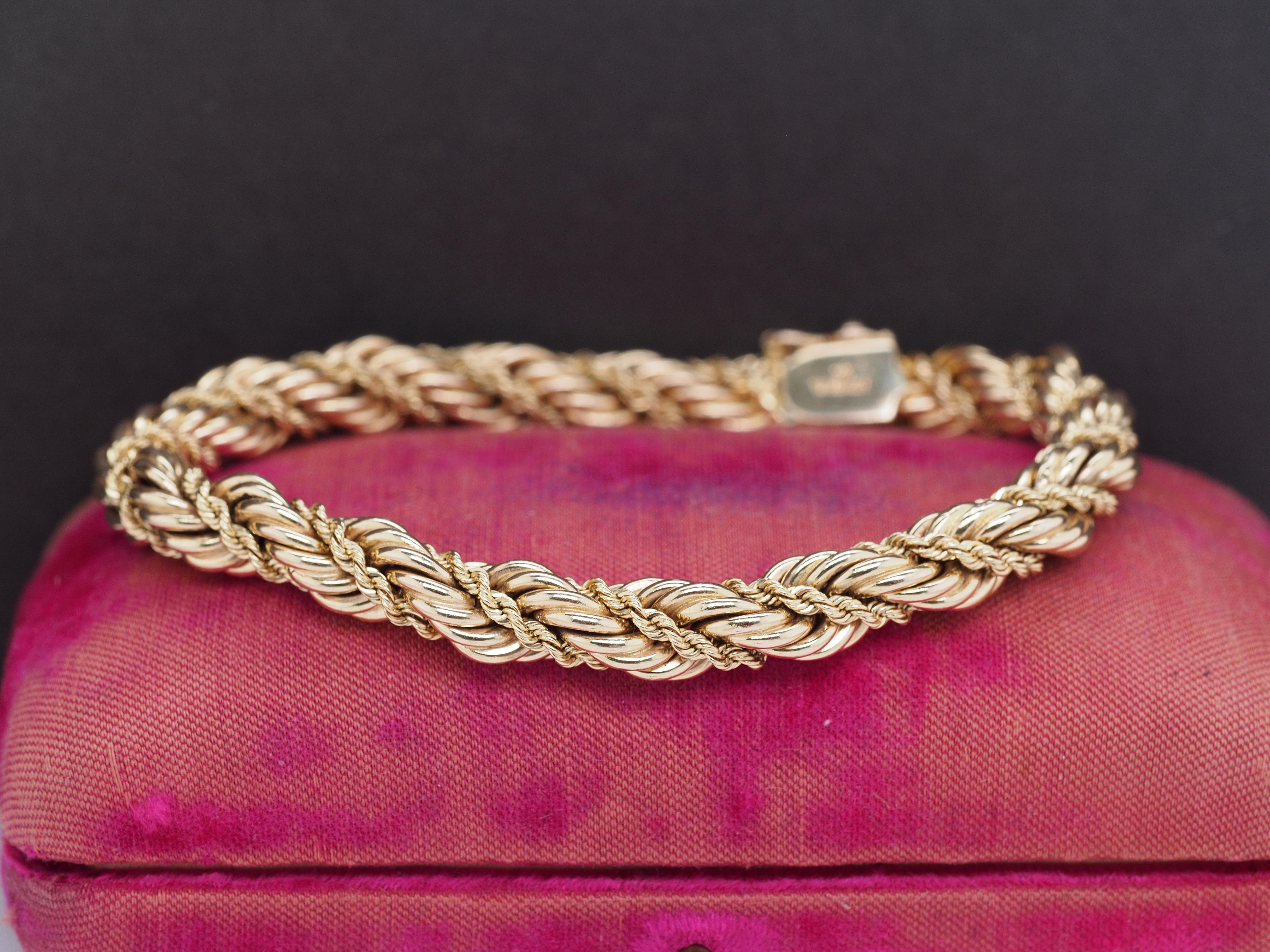 Year: 1960s
Item Details:
Metal Type: 14K Yellow Gold [Hallmarked, and Tested]
Weight: 24.7 grams
Bracelet Length Measurement: 7.25 Inches Long
Bracelet Width Measurement: 7MM Wide
Condition: Excellent