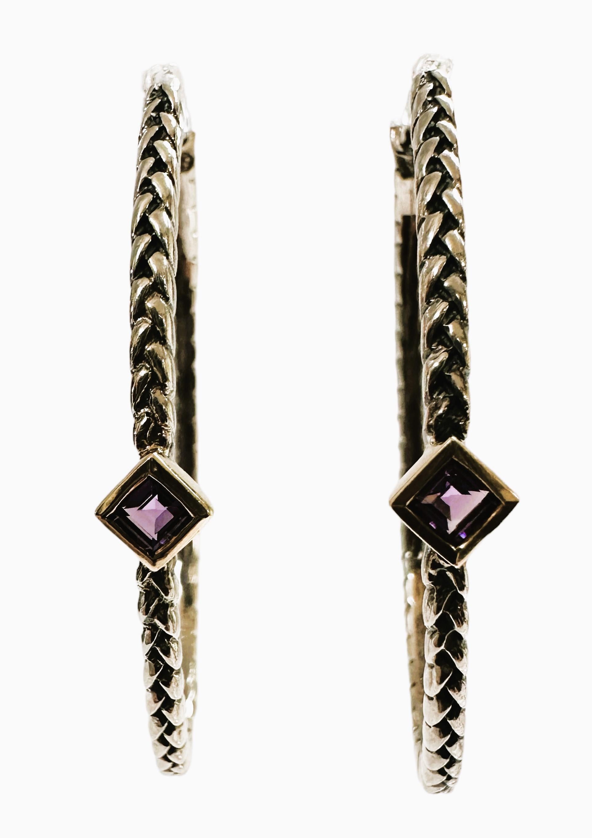 Princess Cut T&C. 14k Yellow Gold & Sterling Silver Amethyst Hoop Earrings For Sale