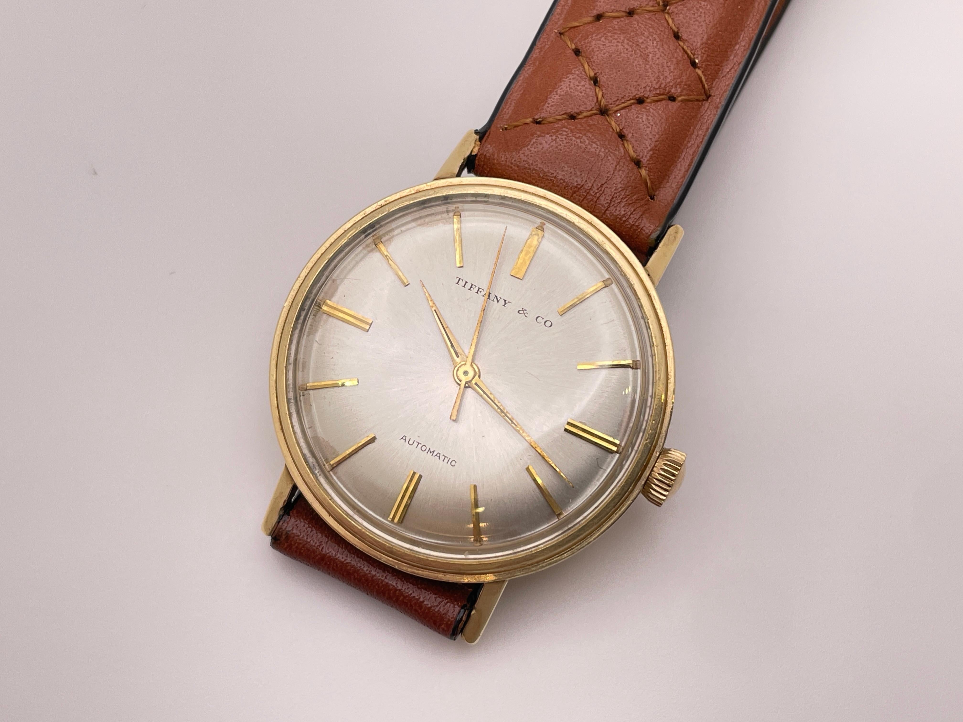 Tiffany & Co 14K Yellow Gold Vintage Automatic Watch Leather Band In Good Condition For Sale In Westport, CT