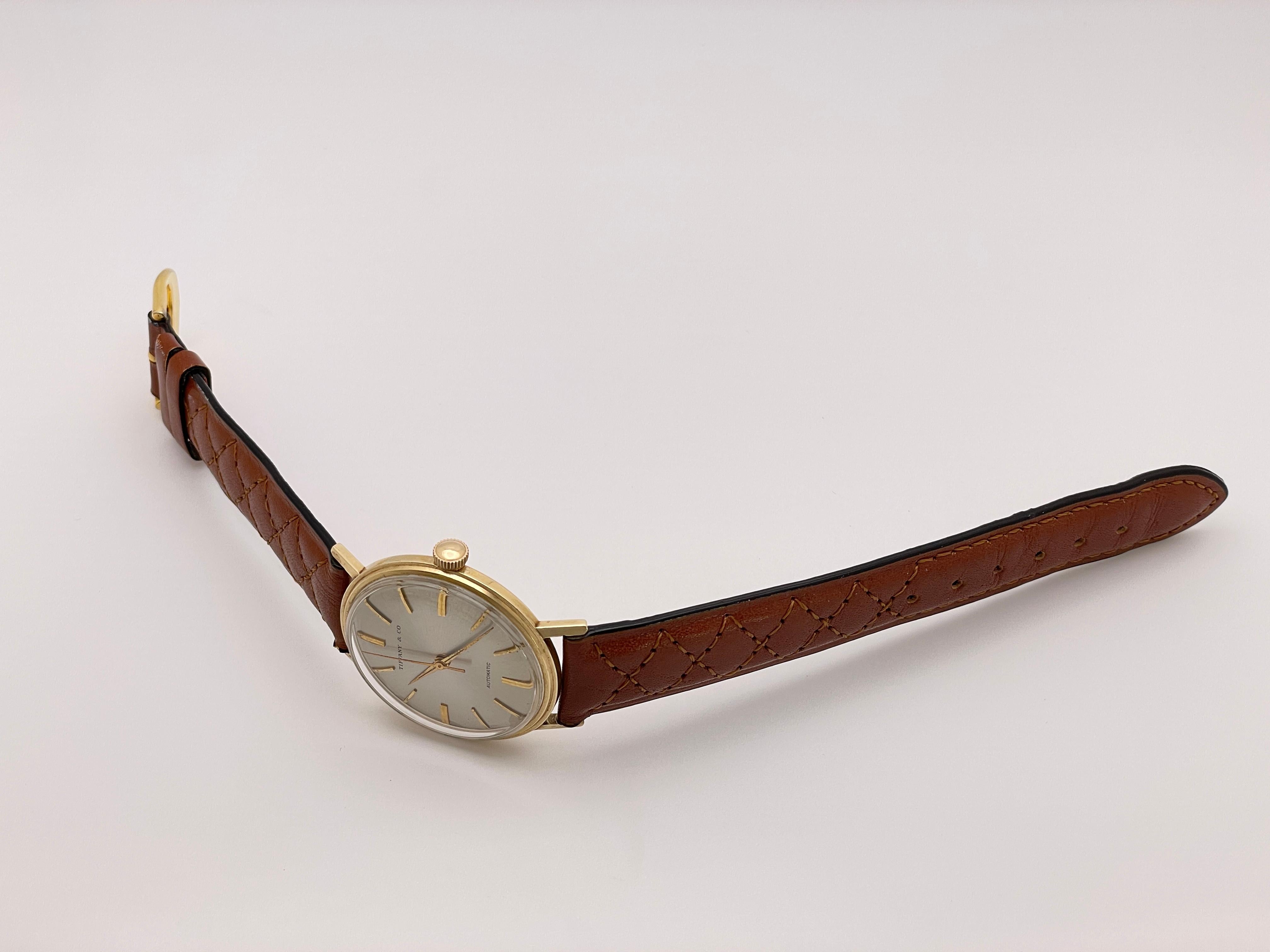Tiffany & Co 14K Yellow Gold Vintage Automatic Watch Leather Band For Sale 3