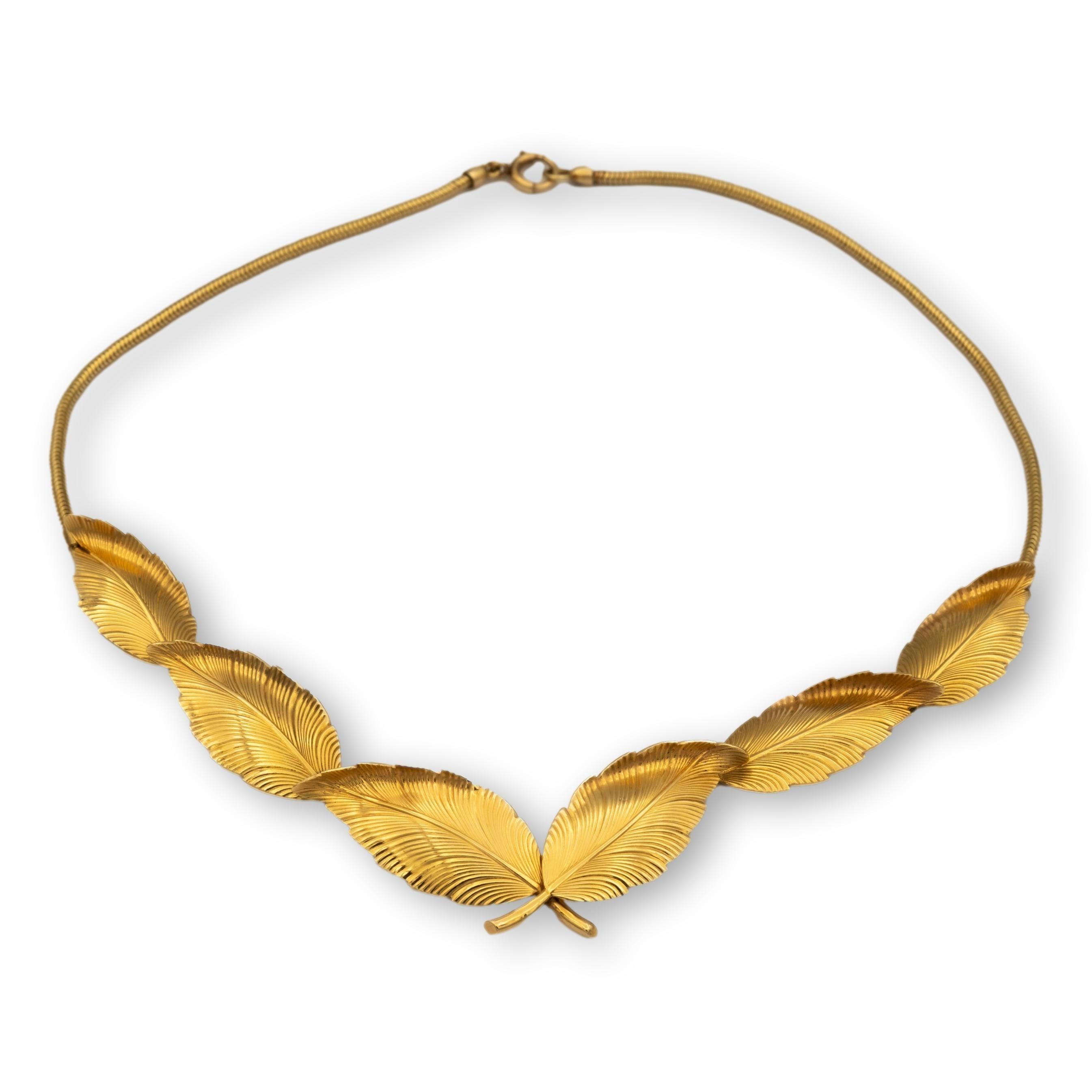 Retro Tiffany & Co. 14k Yellow Gold Vintage Leaf Motif Choker and Earrings Suite circa
