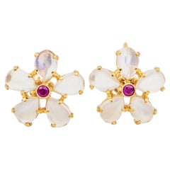 Tiffany & Co. 14K Yellow Gold Vintage Moonstone Ruby Earrings, Circa 1950's