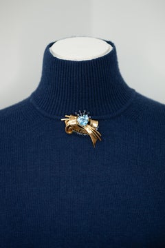 Tiffany & Co. 14K YG Aquamarine and Sapphire Brooch c. 1940s