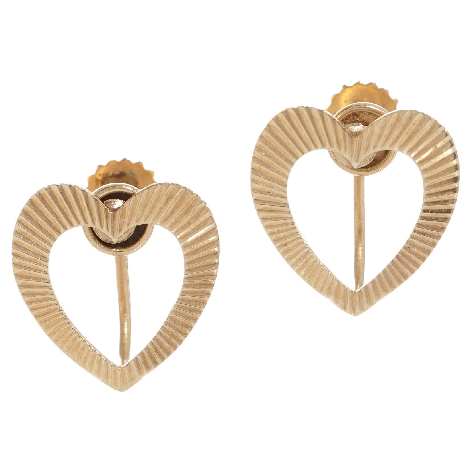Tiffany & Co. 14kt. Gold Paar Herz geriffelt Design Ohrringe mit Schraube - zurück. im Angebot