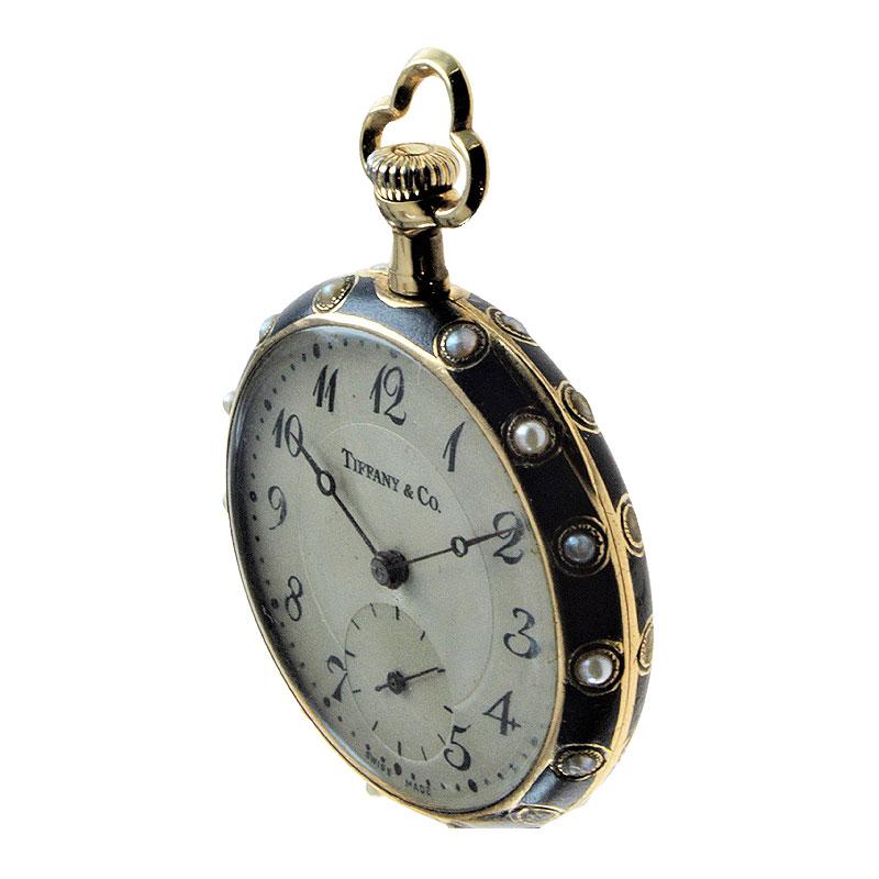 Art Deco Tiffany & Co. 14kt Solid Gold Ladies Enameled Pendant Watch with Matted Finish