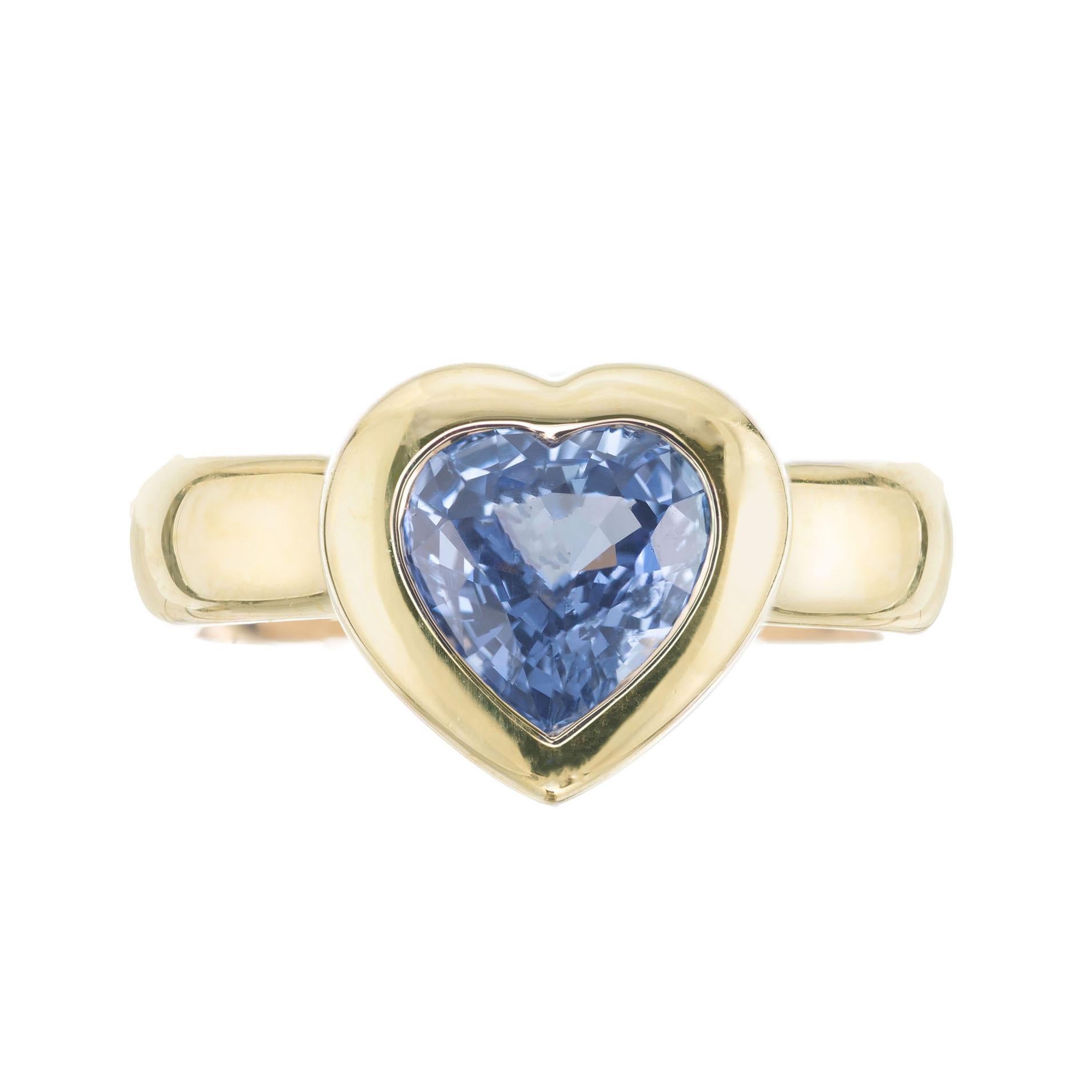 Tiffany & Co 1.50 carat heart shaped periwinkle blue sapphire 18k yellow gold ring.

1 heart shaped medium blue sapphire, approx. 1.50ct
Size 5 and sizable 
18k yellow gold 
Stamped: 750 Italy
Hallmark: Tiffany & Co
7.8 grams
Width at top: