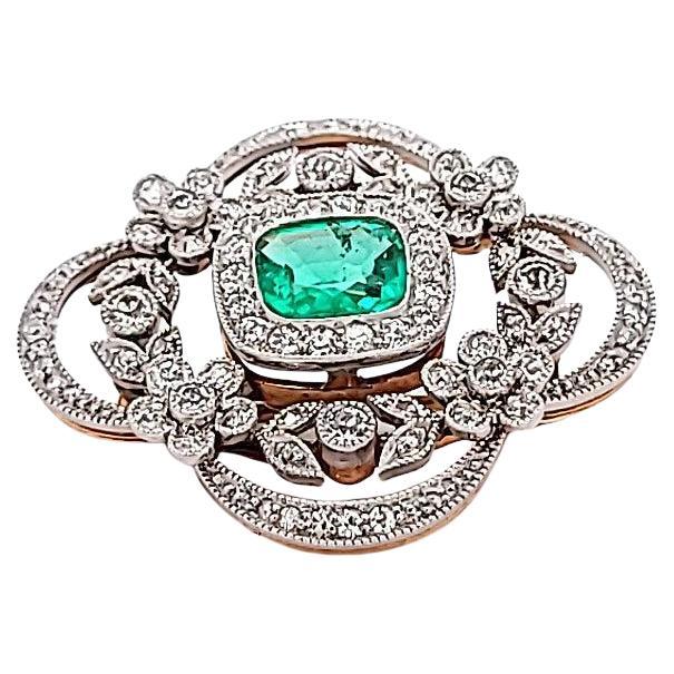 Tiffany & Co 1.50 Carat Emerald 0.72 Carat Diamond 18K Two Tone Gold Pin Brooch