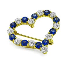 Tiffany & Co 1.50 Carat Diamond 1.60 Carat Sapphire Gold Heart Pin