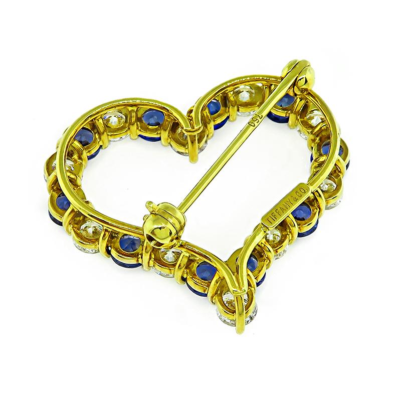 Round Cut Tiffany & Co 1.50 Carat Diamond 1.60 Carat Sapphire Gold Heart Pin For Sale