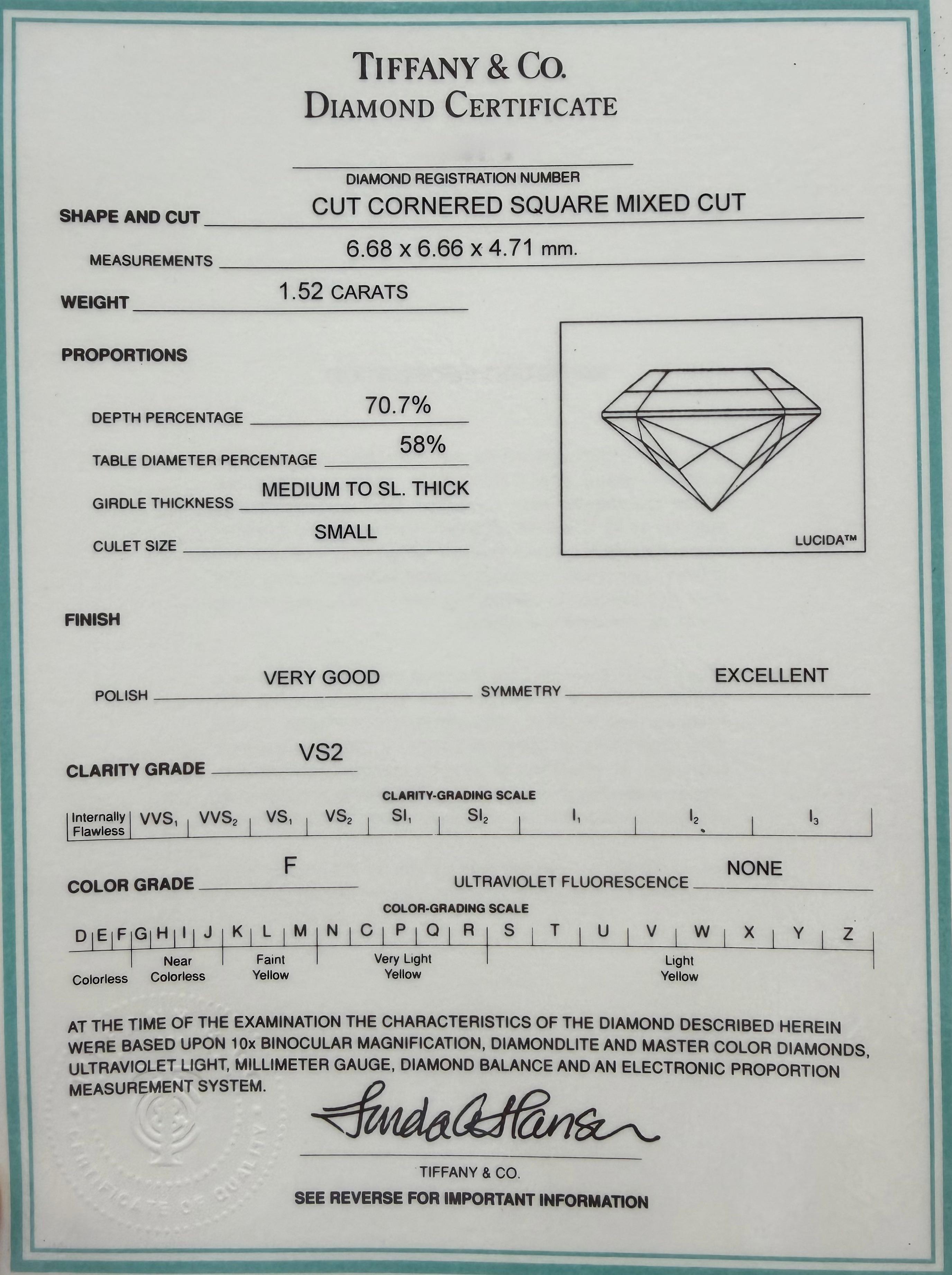 Donna Tiffany & Co., anello di fidanzamento con diamante taglio Lucida da 1,52 carati in vendita