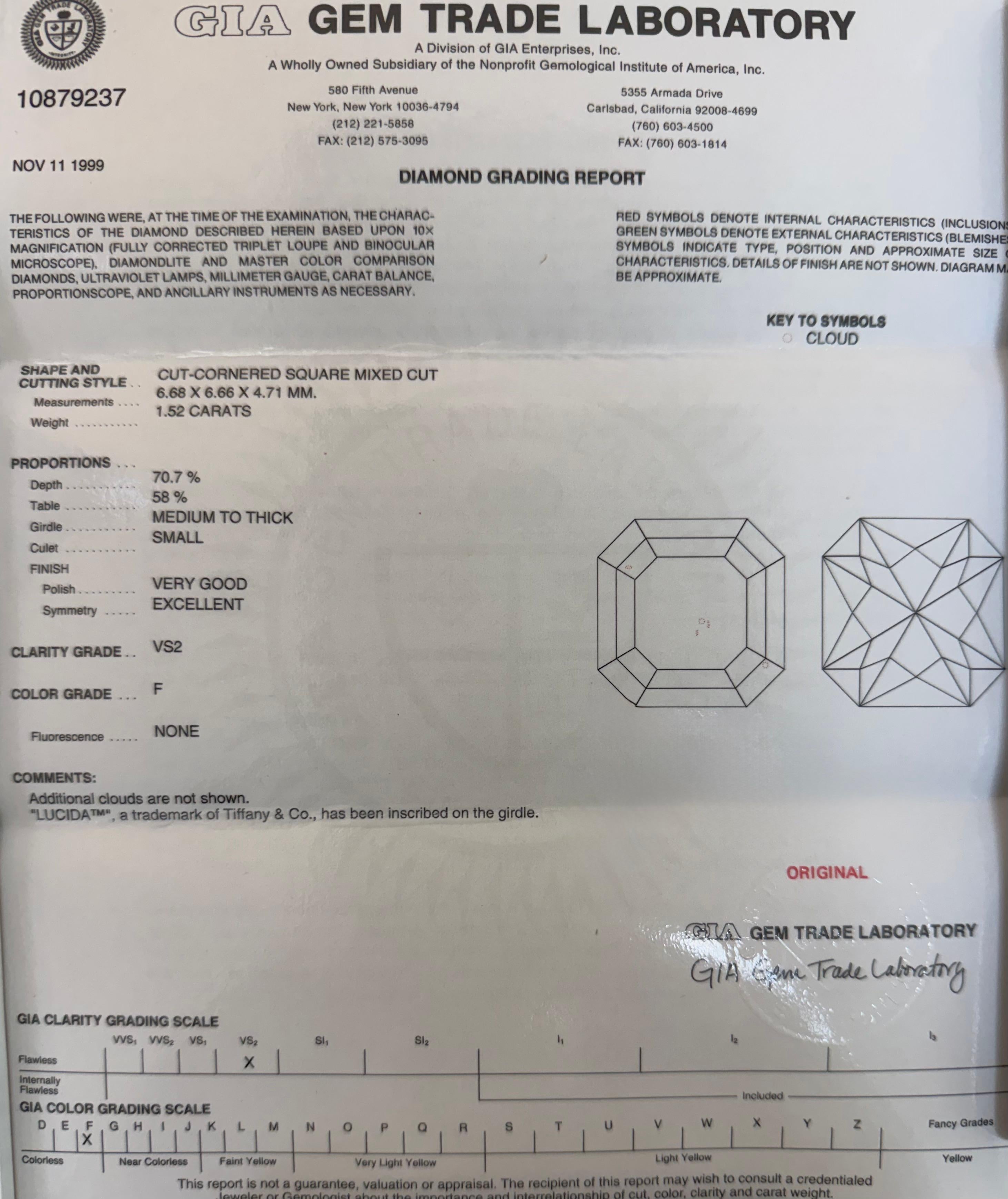 Tiffany & Co., anello di fidanzamento con diamante taglio Lucida da 1,52 carati in vendita 1
