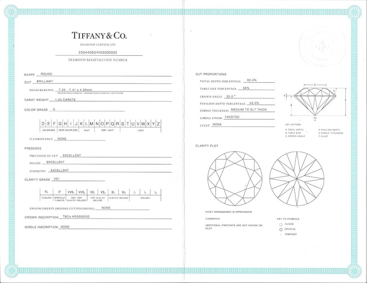 Tiffany & Co. 1.53 Carat G VS1 Diamond Platinum Ring For Sale 2