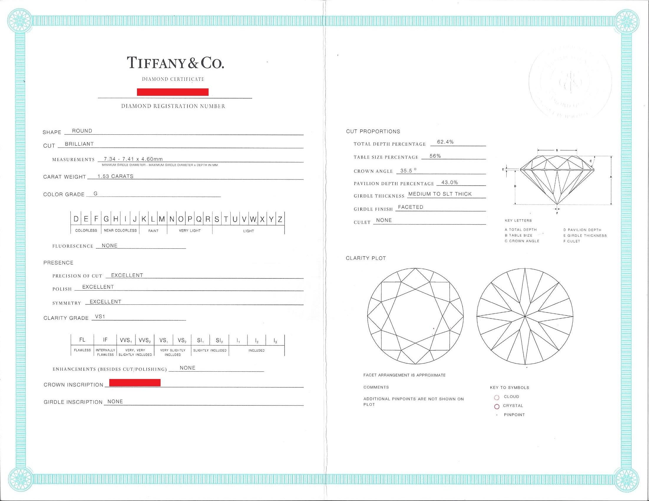Tiffany & Co. 1.53 Carat G VS1 Diamond Platinum Ring For Sale 7