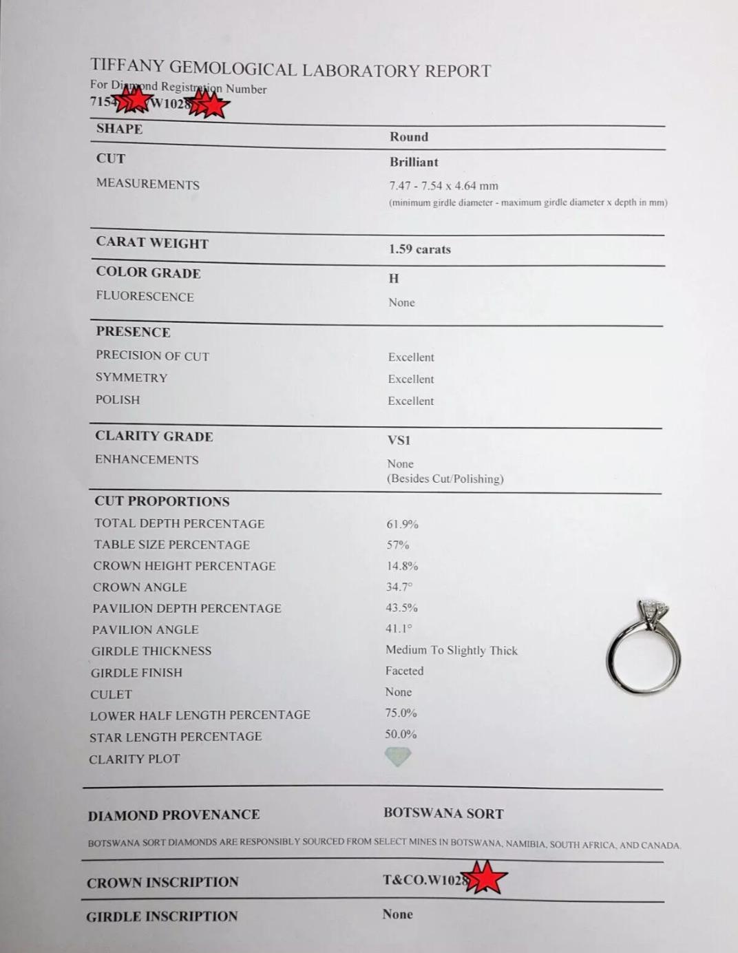 Tiffany & Co., 1.59 Carat Round Brilliant Cut Diamond Engagement Ring For Sale 3