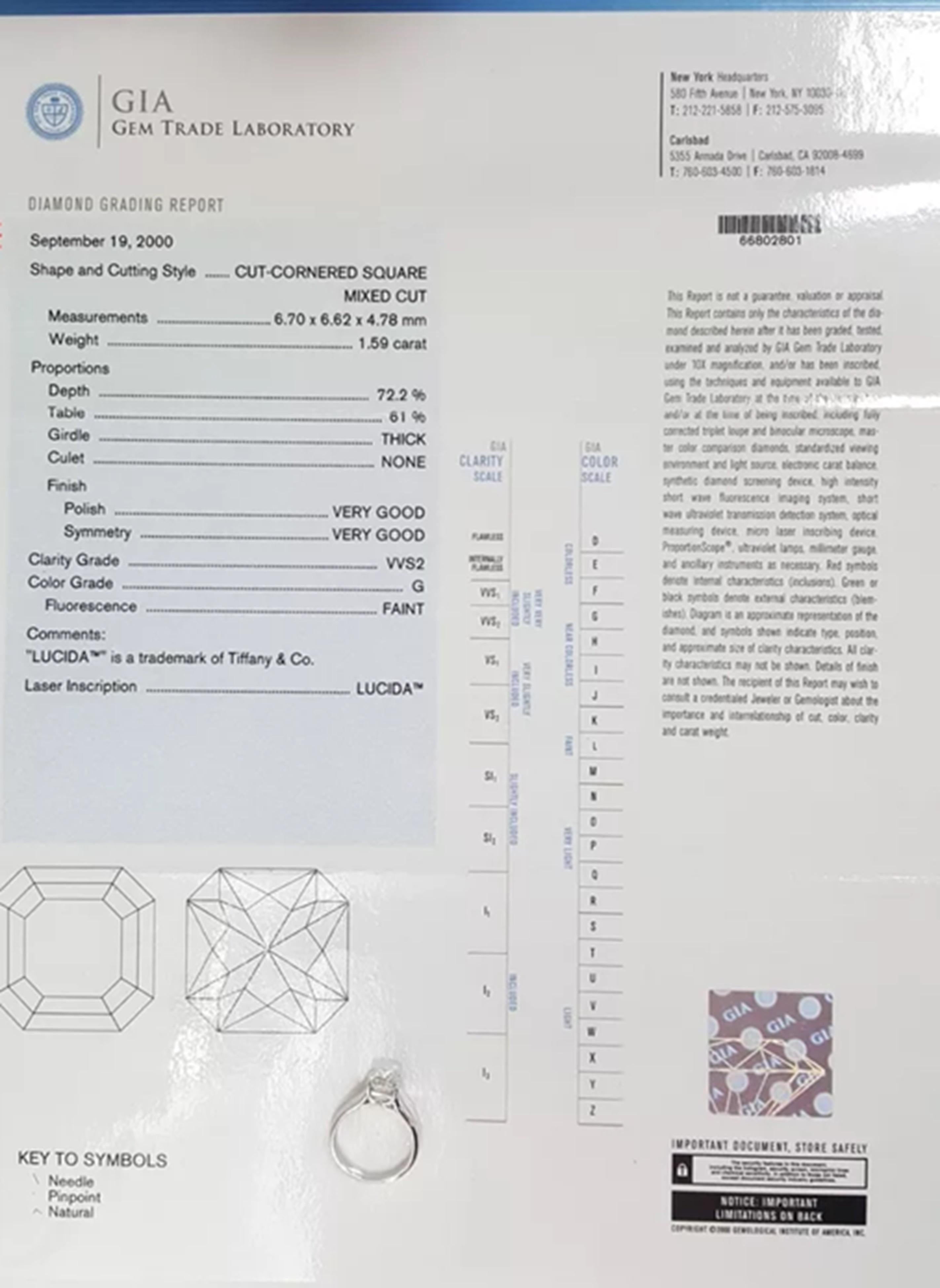 Women's or Men's Tiffany & Co. 1.59 ct Platinum Lucida Square Brilliant Cut Diamond Ring For Sale