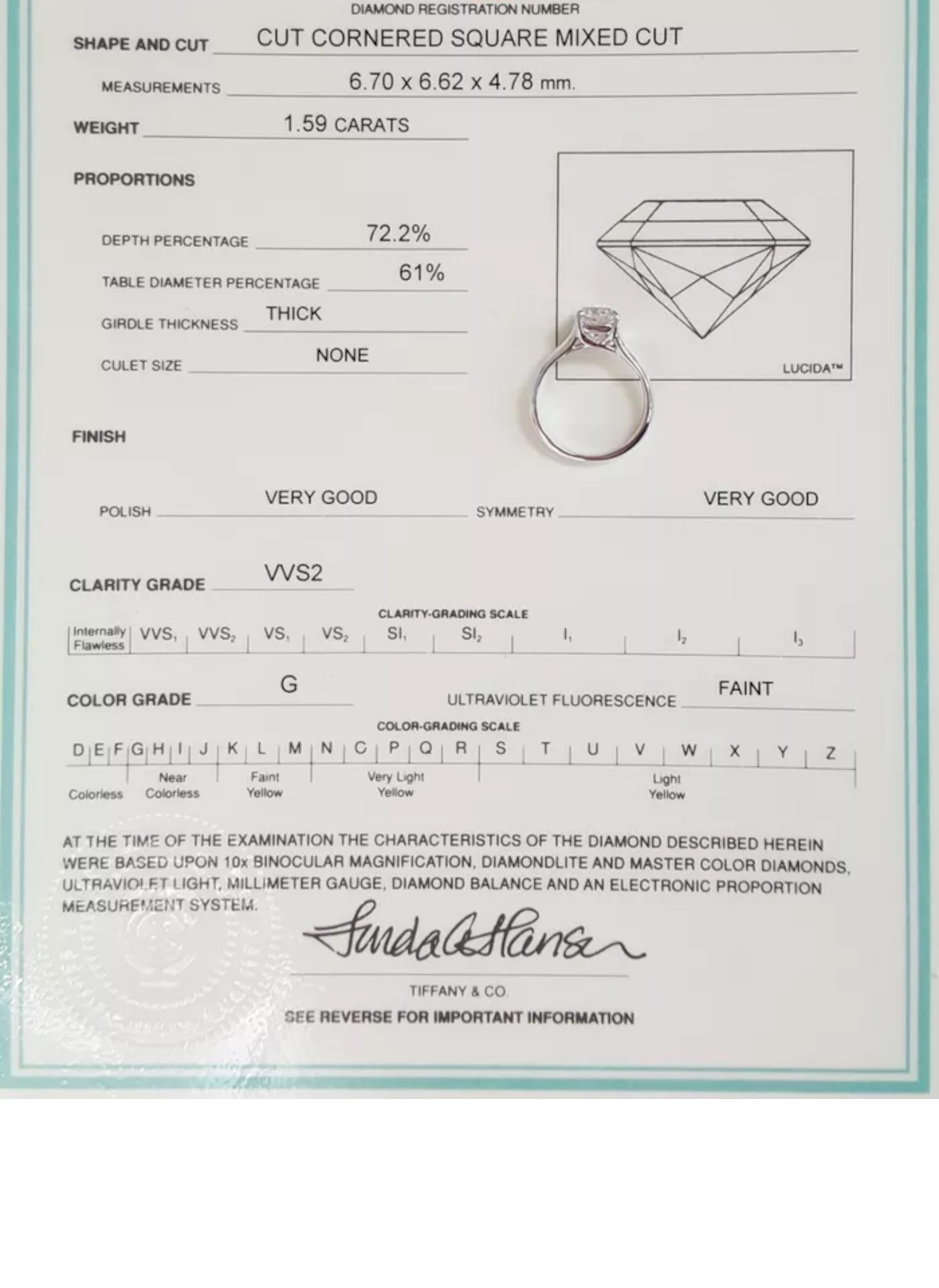 Tiffany & Co. 1.59 ct Platinum Lucida Square Brilliant Cut Diamond Ring For Sale 1