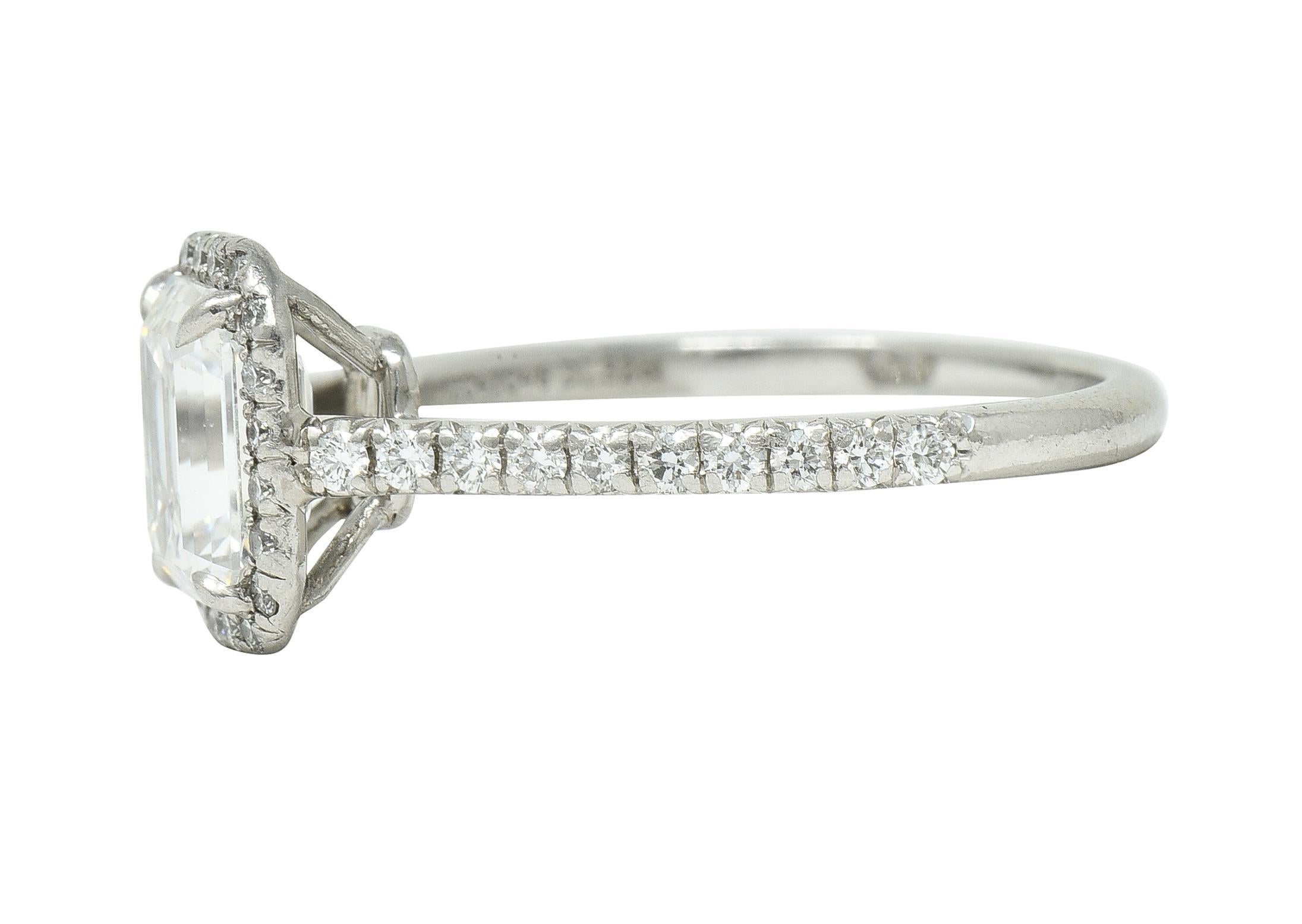 Women's or Men's Tiffany & Co. 1.59 CTW Emerald Cut Diamond Platinum Soleste Engagement Ring For Sale