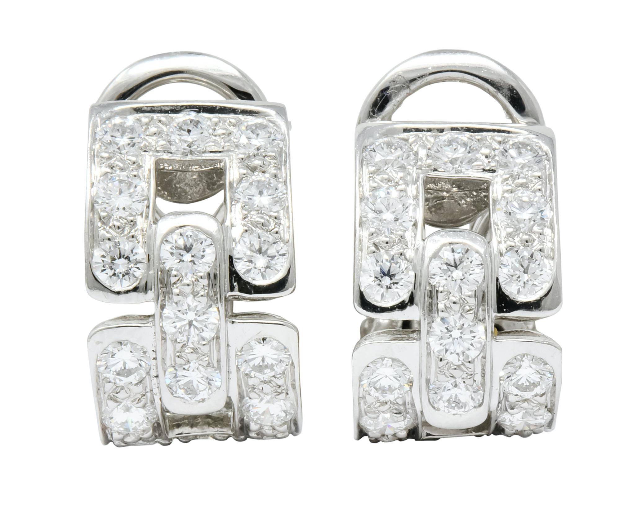 J hoop style earrings designed as pierced chain link motif

Set throughout with round brilliant cut diamonds weighing approximately 1.60 carats total, G/H color and VS clarity

Completed by post and hinged omega backs

Fully signed Tiffany & Co. and