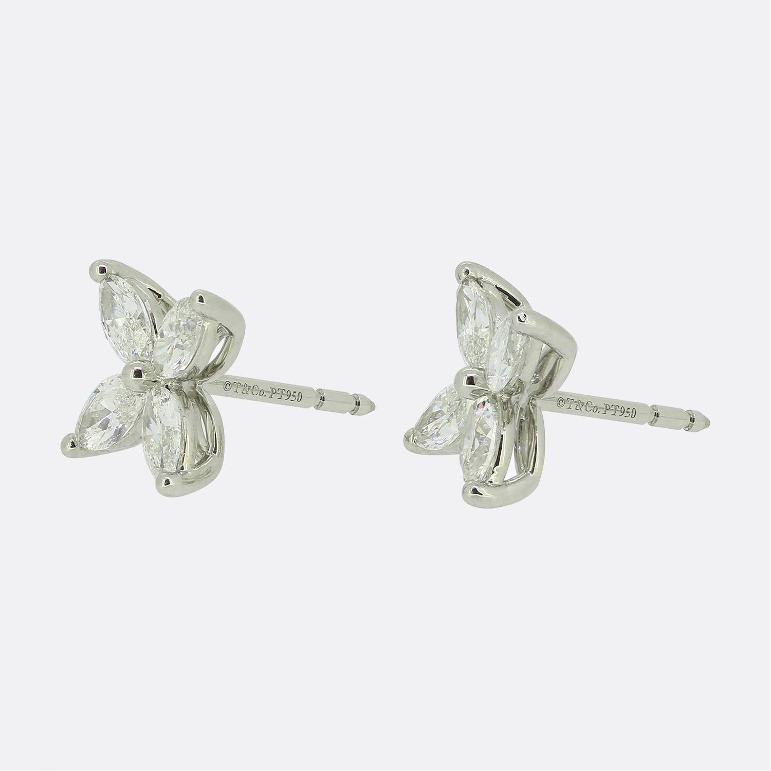 Here we have a fabulous pair of diamond earrings from the world renowned jewellery designer, Tiffany & Co. These identical platinum pieces form part of the Victoria collection and feature four sparkling marquise-shaped diamonds collectively weighing